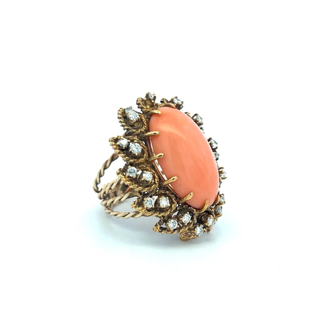 1.05ct Round Brilliant Diamond 13–22.5mm Coral Cocktail Ring in 14K Yellow Gold