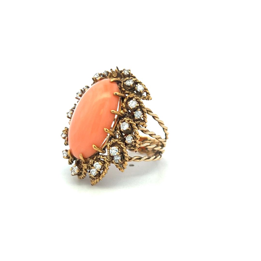 1.05ct Round Brilliant Diamond 13–22.5mm Coral Cocktail Ring in 14K Yellow Gold