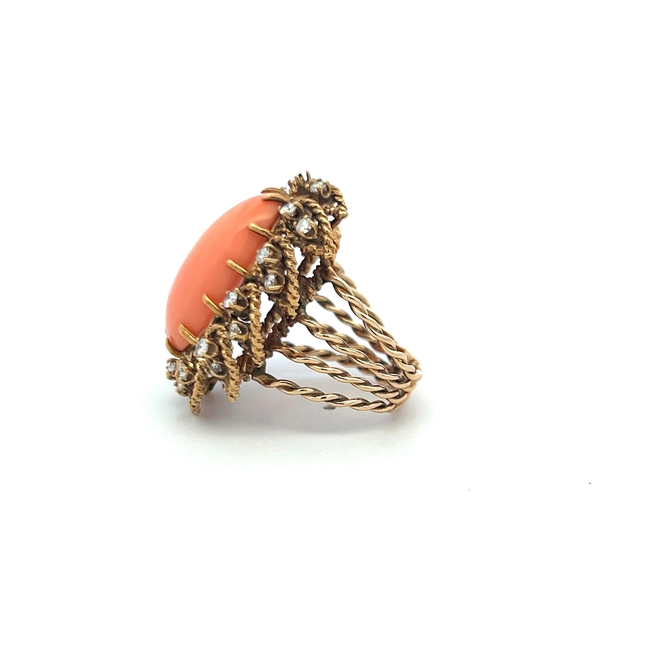 1.05ct Round Brilliant Diamond 13–22.5mm Coral Cocktail Ring in 14K Yellow Gold
