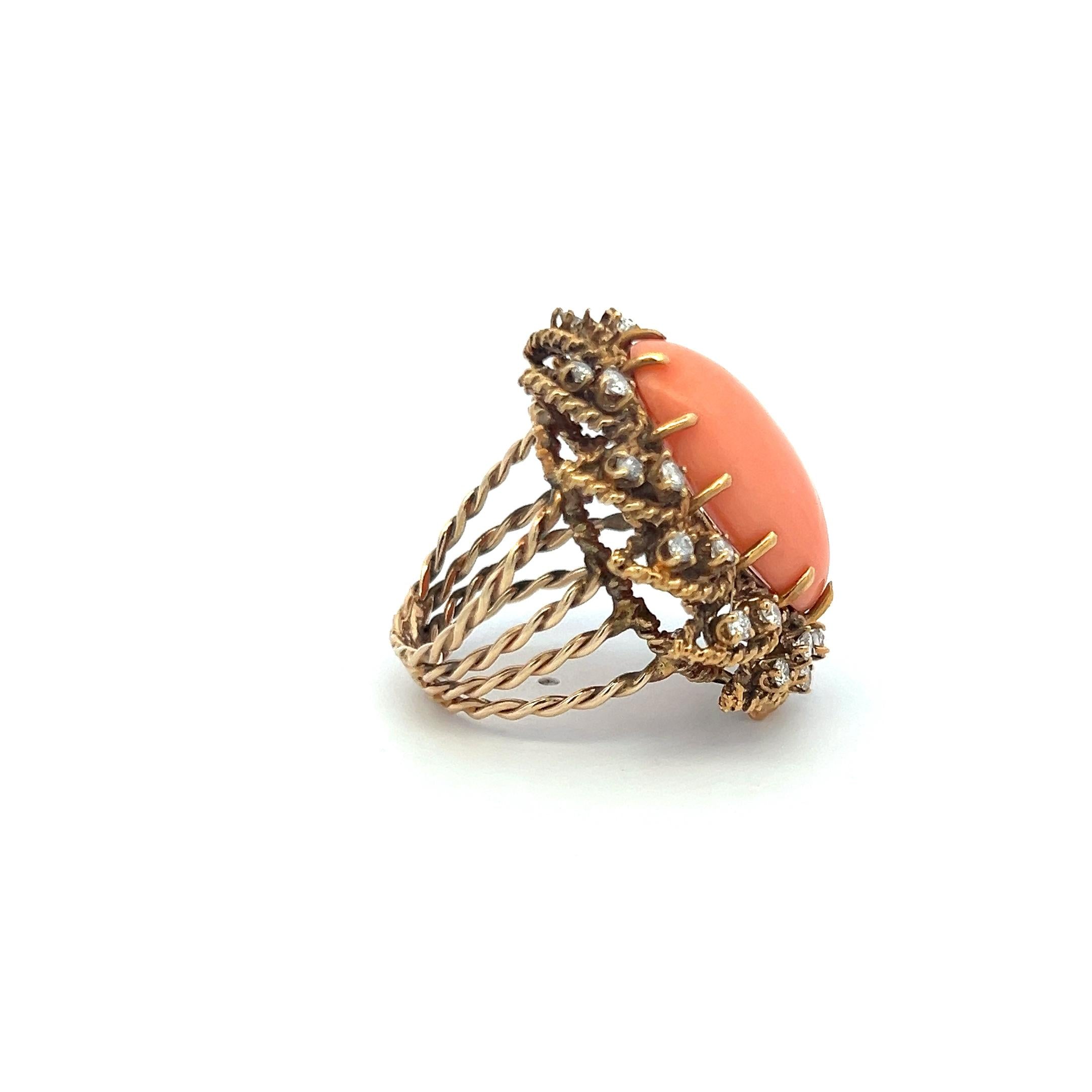 1.05ct Round Brilliant Diamond 13–22.5mm Coral Cocktail Ring in 14K Yellow Gold