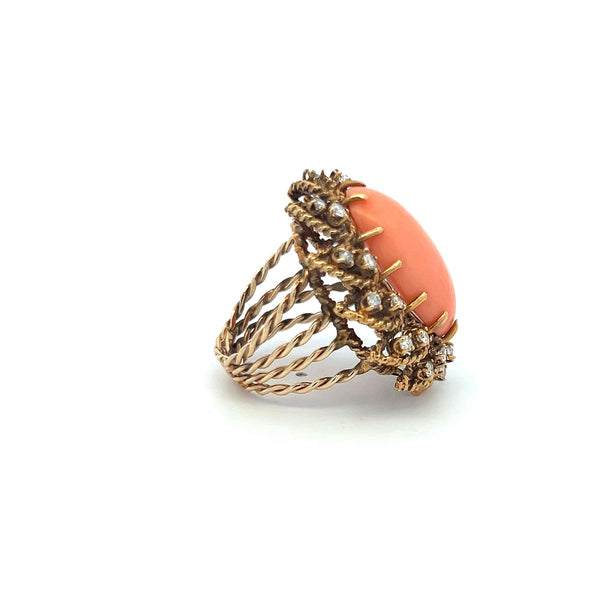 1.05ct Round Brilliant Diamond 13–22.5mm Coral Cocktail Ring in 14K Yellow Gold