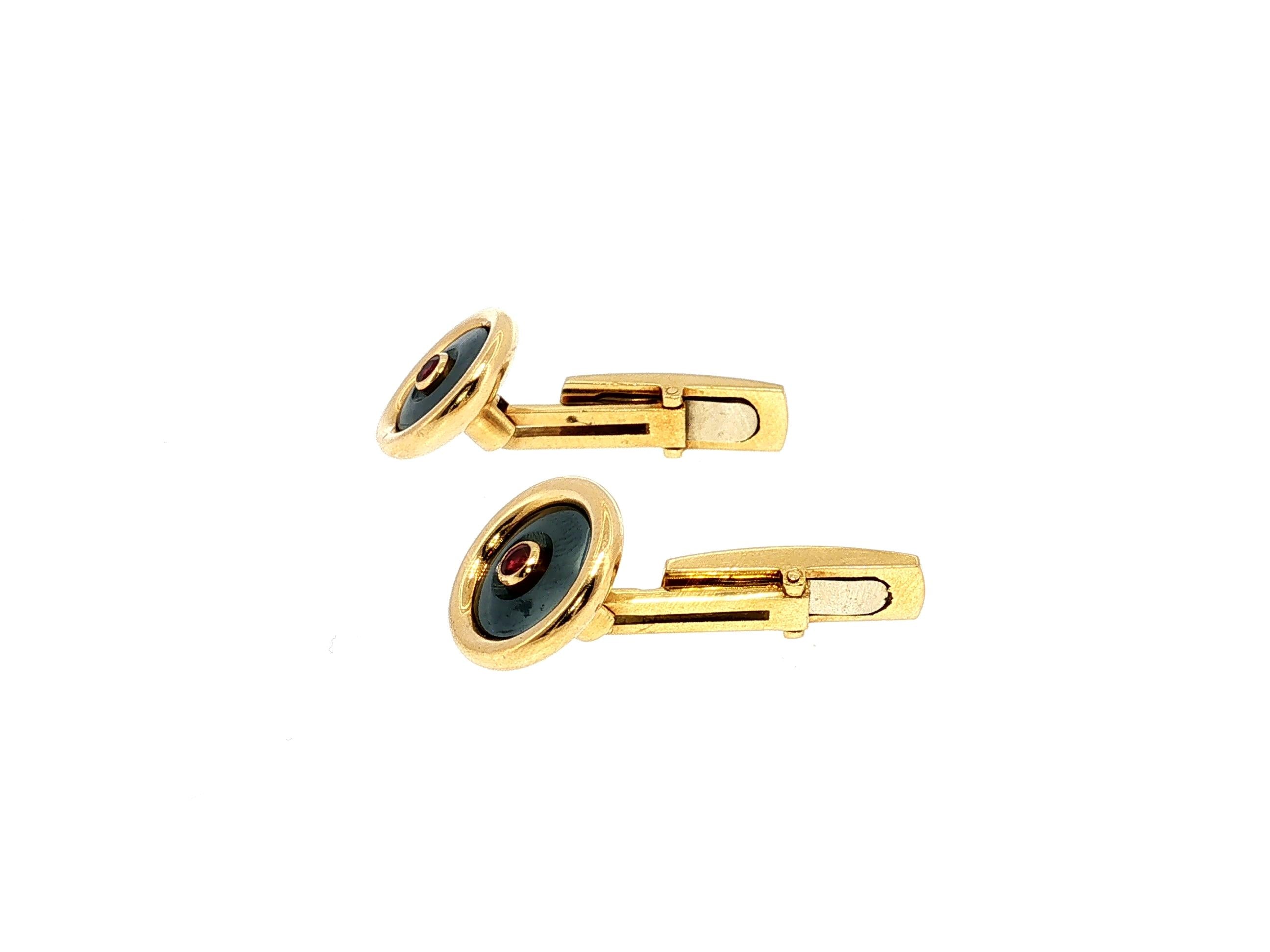 Bvlgari Vintage 18K Yellow Gold Cufflinks with Onyx and 0.04 Carat Ruby