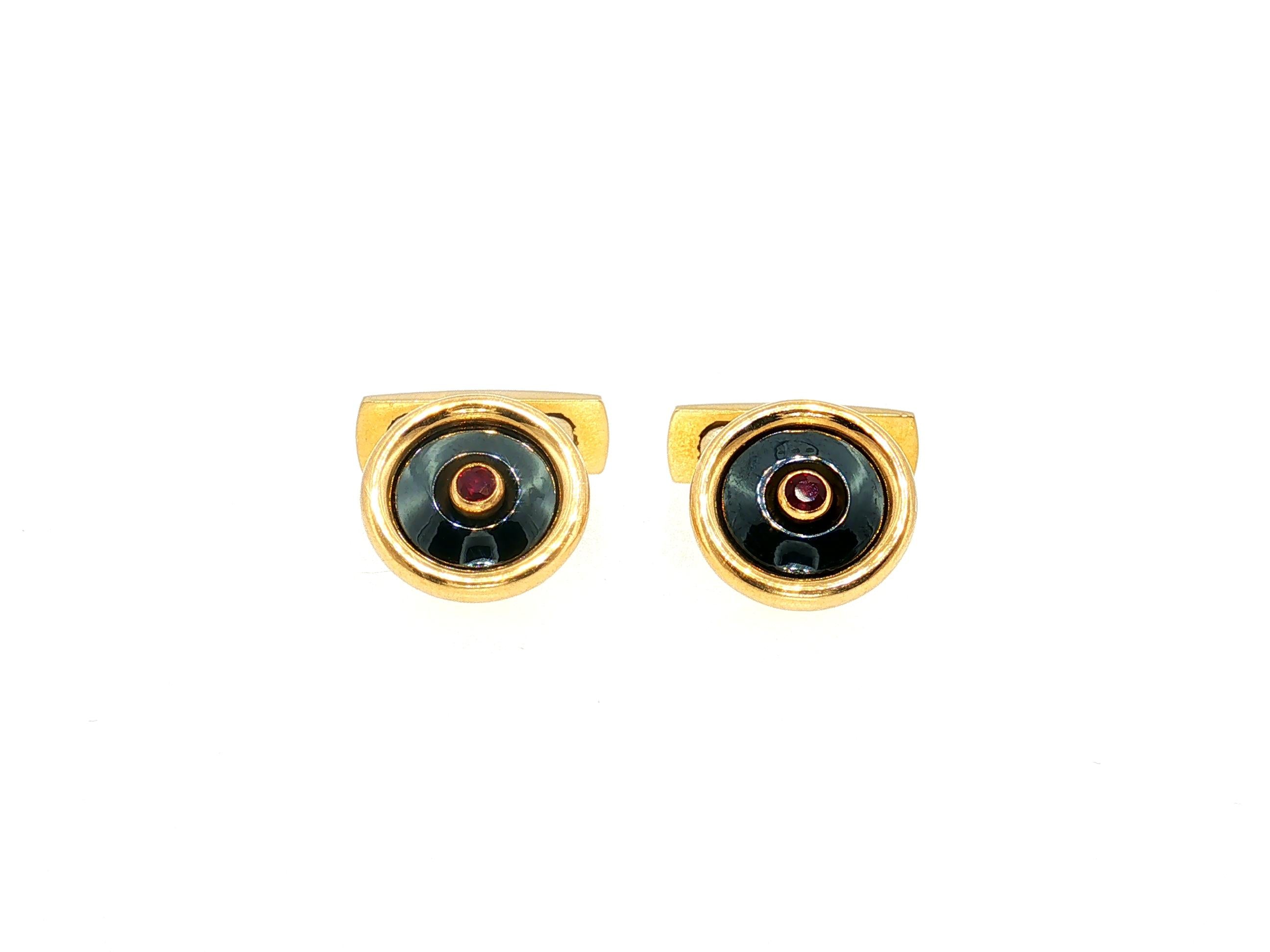 Bvlgari Vintage 18K Yellow Gold Cufflinks with Onyx and 0.04 Carat Ruby