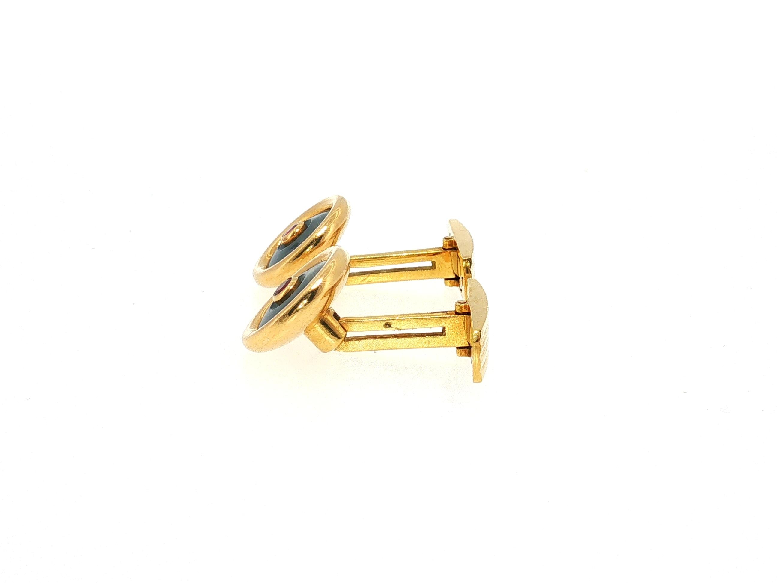 Bvlgari Vintage 18K Yellow Gold Cufflinks with Onyx and 0.04 Carat Ruby