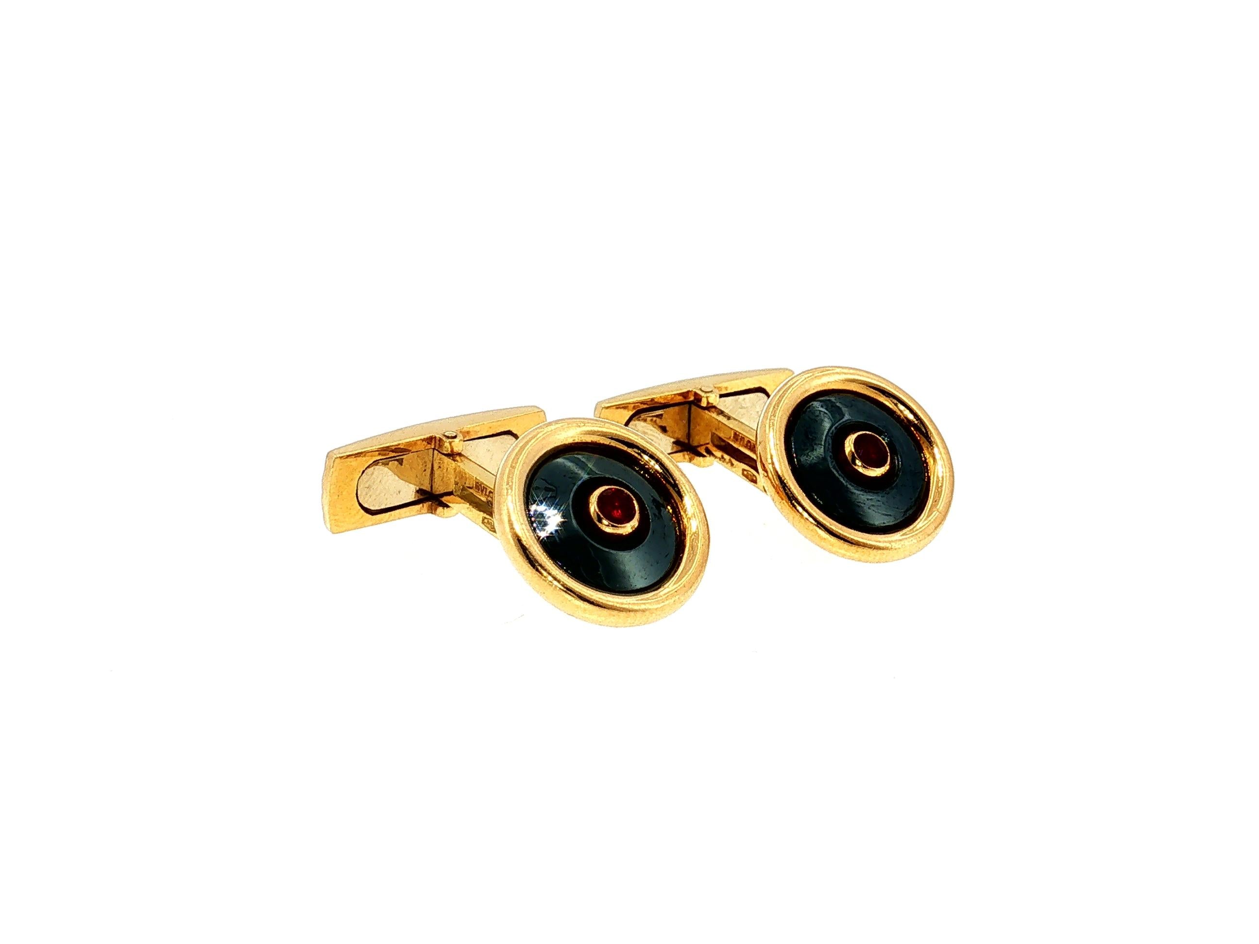 Bvlgari Vintage 18K Yellow Gold Cufflinks with Onyx and 0.04 Carat Ruby
