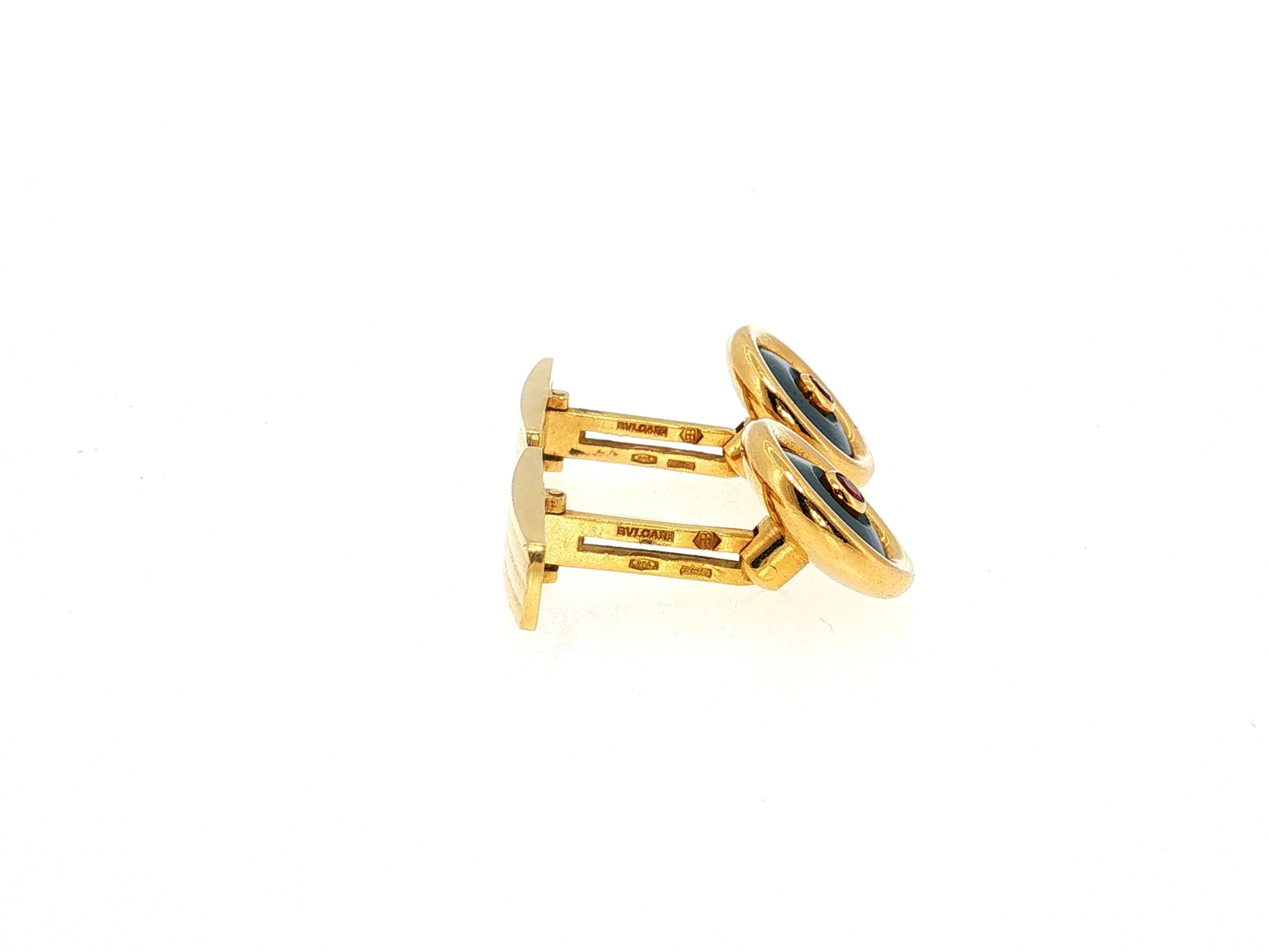 Bvlgari Vintage 18K Yellow Gold Cufflinks with Onyx and 0.04 Carat Ruby