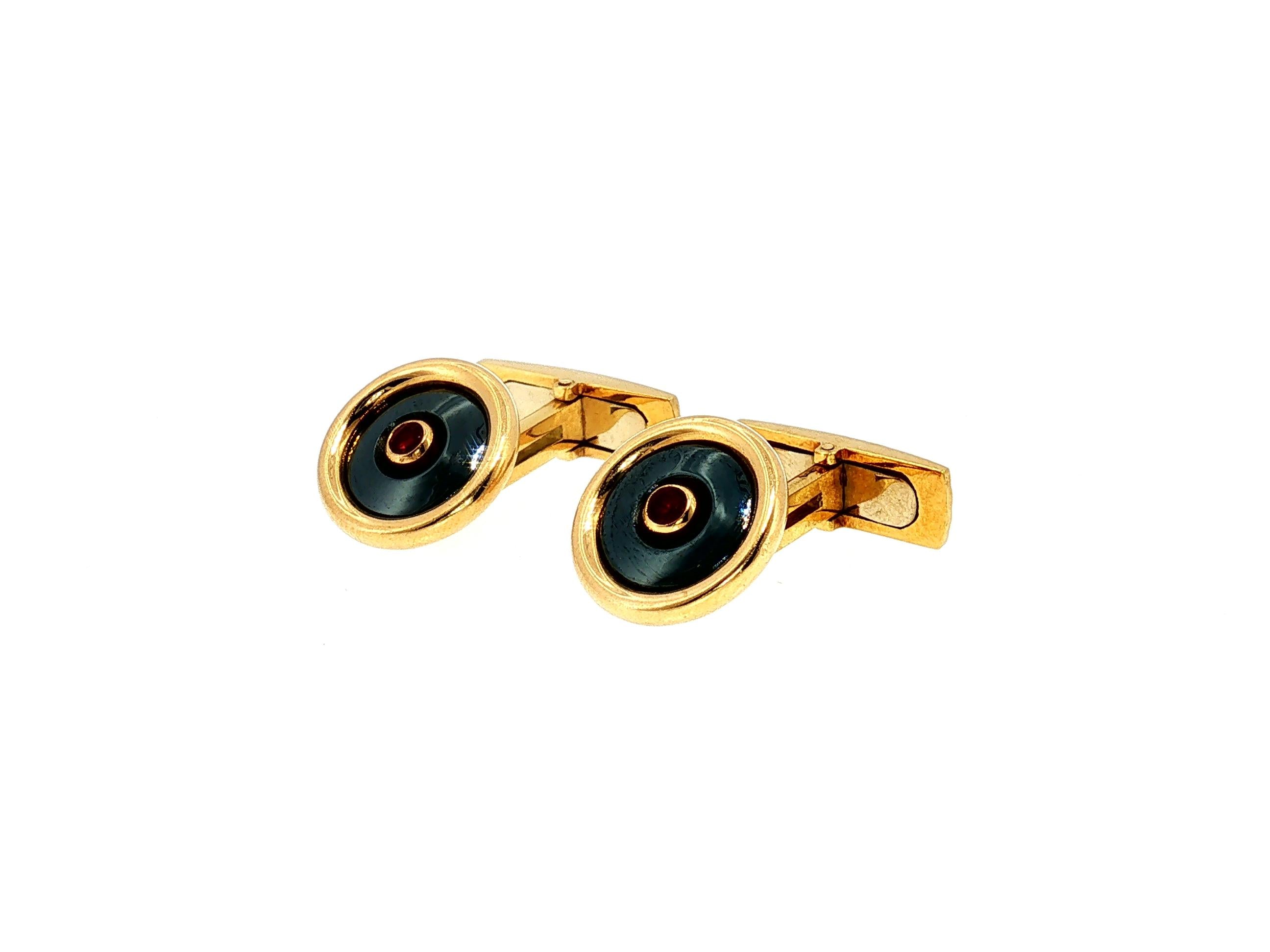 Bvlgari Vintage 18K Yellow Gold Cufflinks with Onyx and 0.04 Carat Ruby