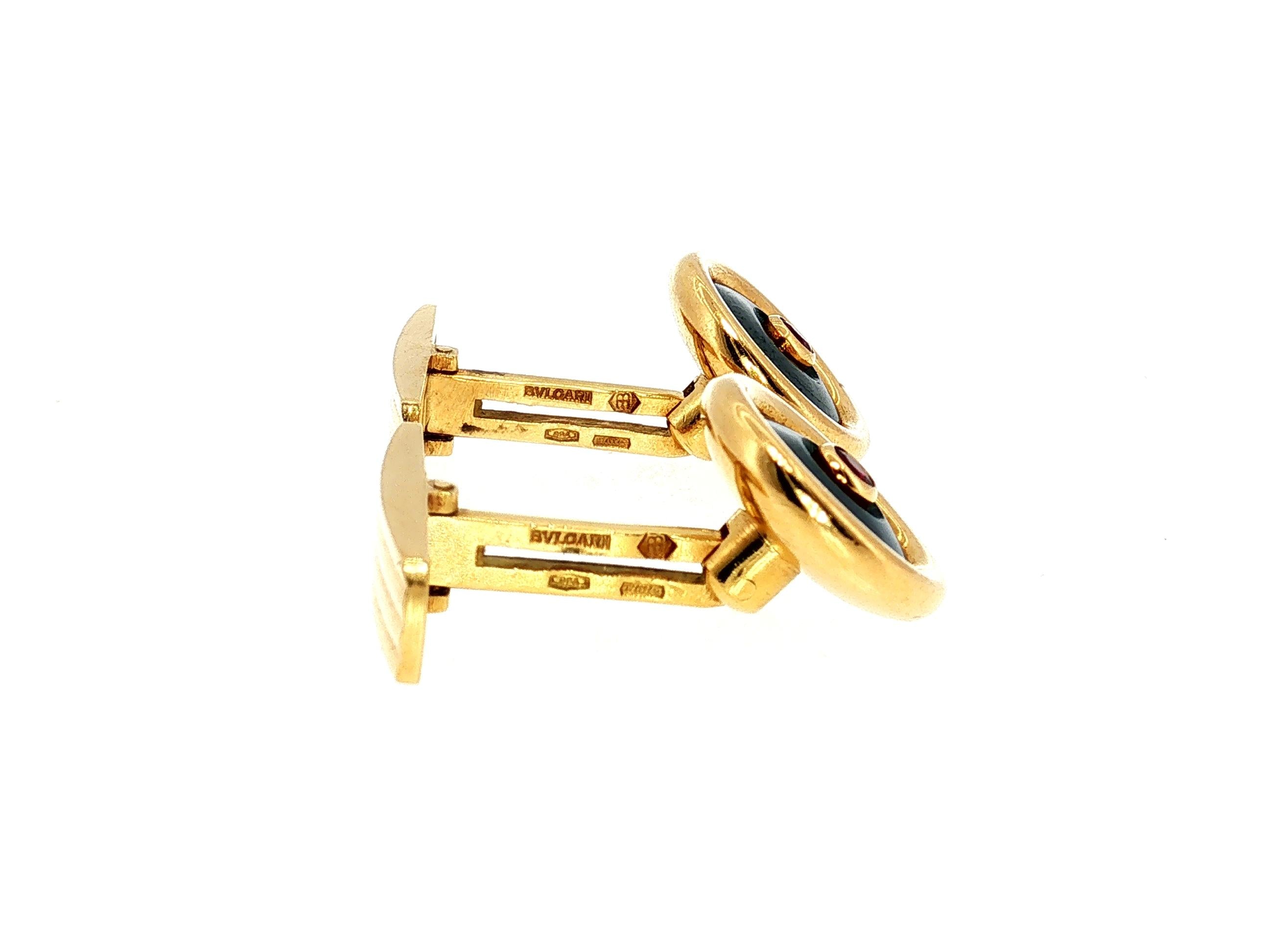 Bvlgari Vintage 18K Yellow Gold Cufflinks with Onyx and 0.04 Carat Ruby