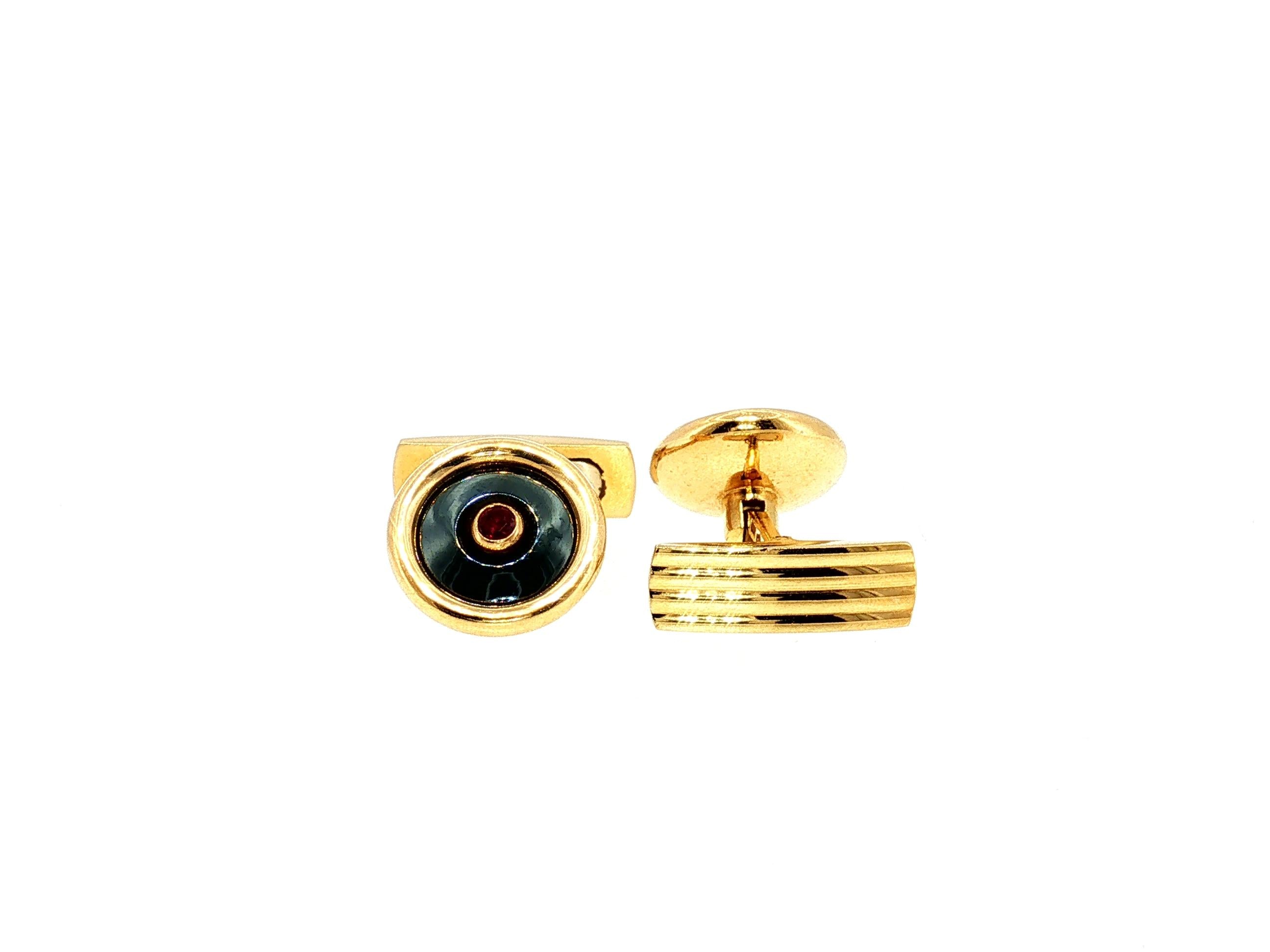 Bvlgari Vintage 18K Yellow Gold Cufflinks with Onyx and 0.04 Carat Ruby