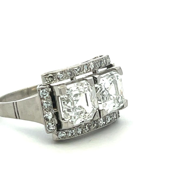 4.79ct Asscher Cut F VS1 Diamond 18K White Gold Art Deco Two-Stone Ring