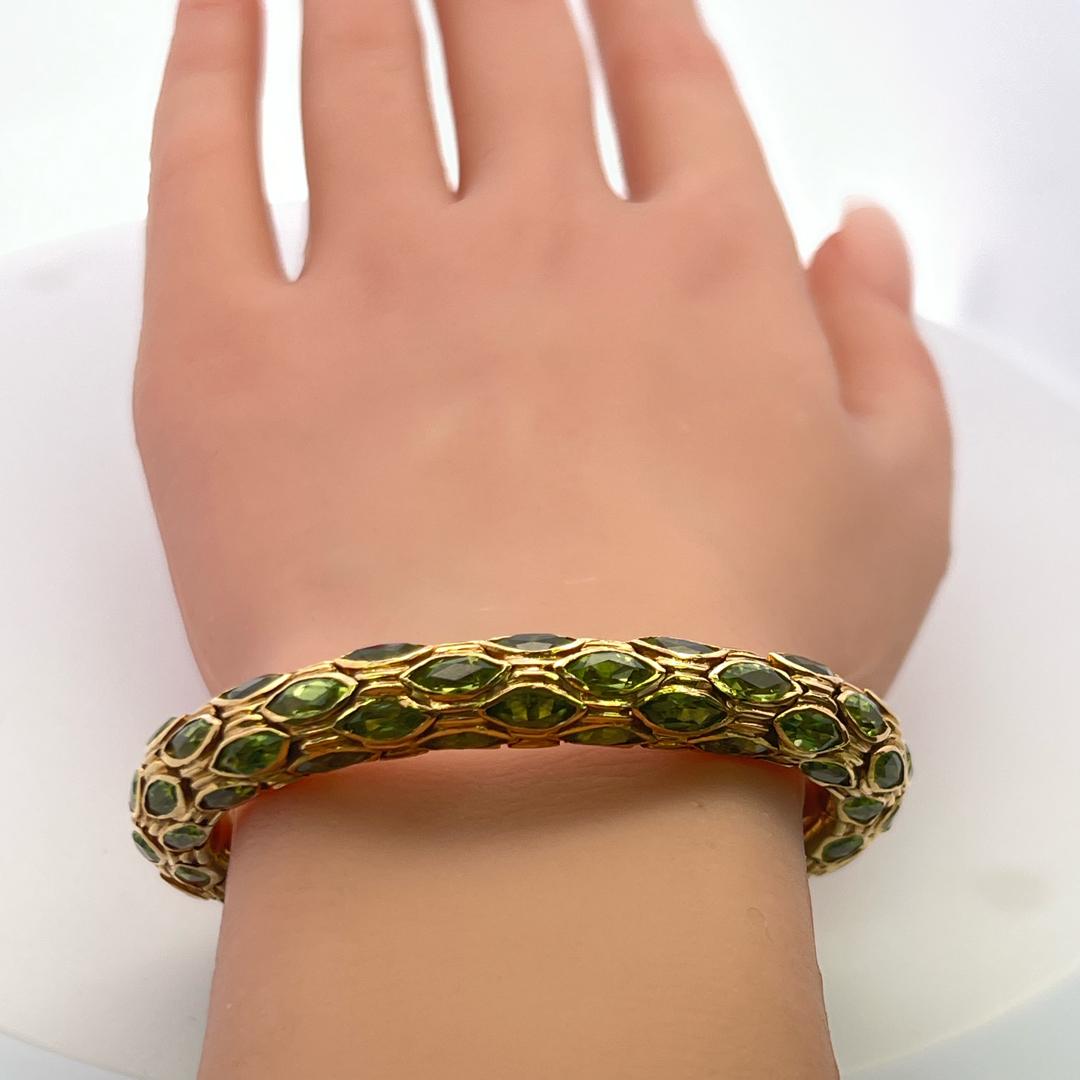 Vintage 18K YG Cuff Bracelet with 27.5 Carat Marquis Shape Peridot Gemstones