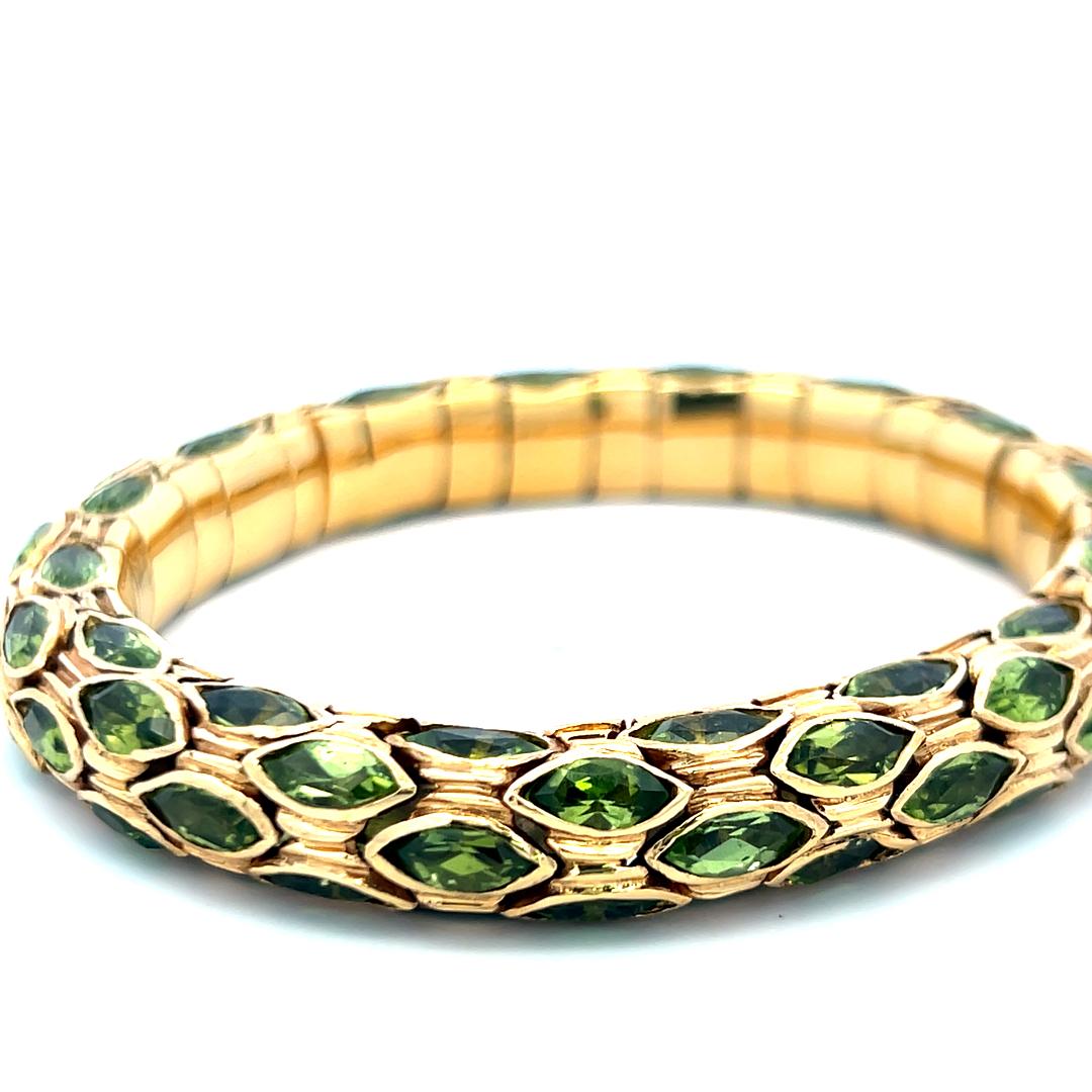 Vintage 18K YG Cuff Bracelet with 27.5 Carat Marquis Shape Peridot Gemstones