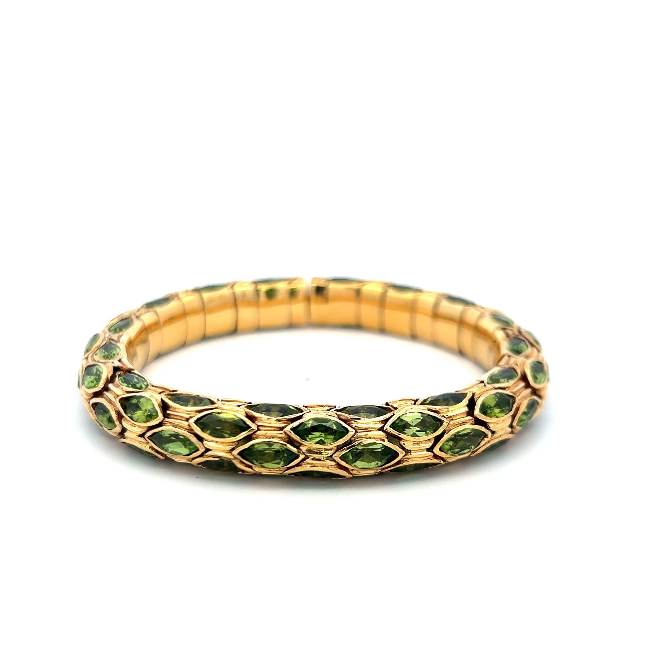 Vintage 18K YG Cuff Bracelet with 27.5 Carat Marquis Shape Peridot Gemstones
