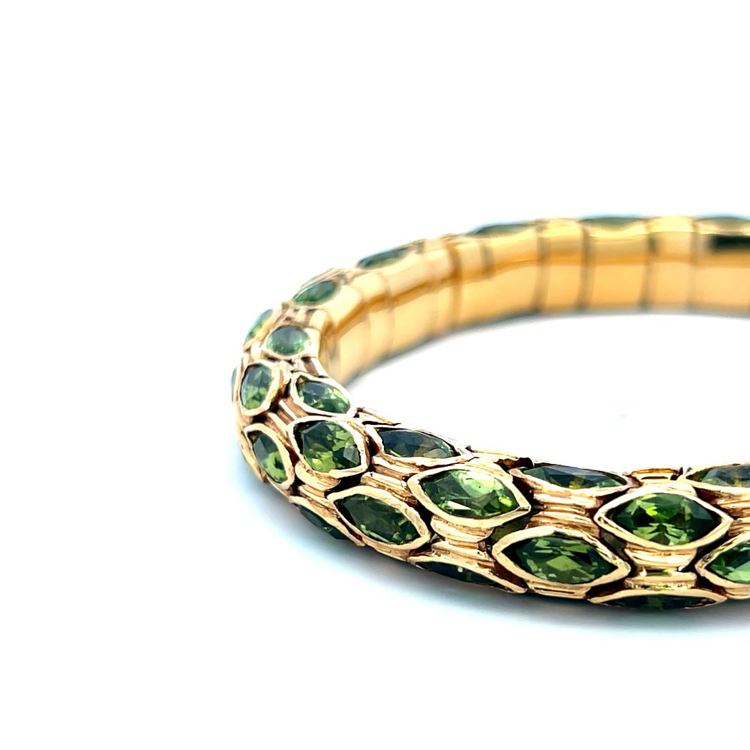 Vintage 18K YG Cuff Bracelet with 27.5 Carat Marquis Shape Peridot Gemstones