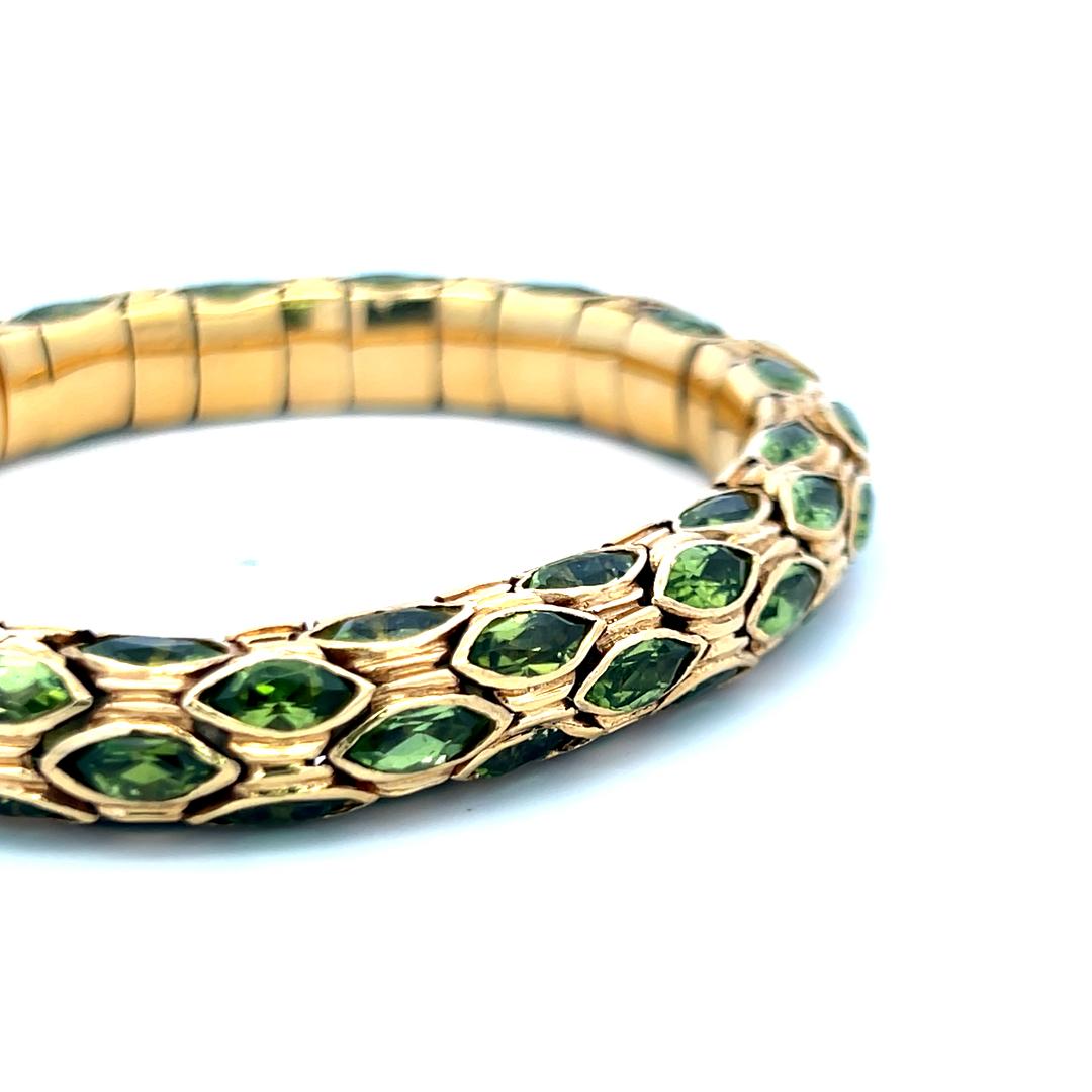 Vintage 18K YG Cuff Bracelet with 27.5 Carat Marquis Shape Peridot Gemstones