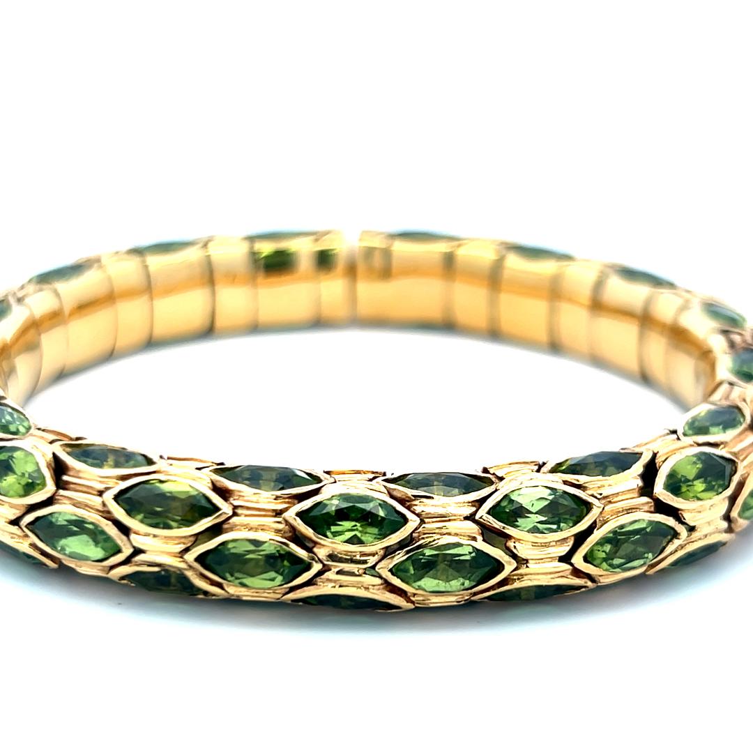 Vintage 18K YG Cuff Bracelet with 27.5 Carat Marquis Shape Peridot Gemstones