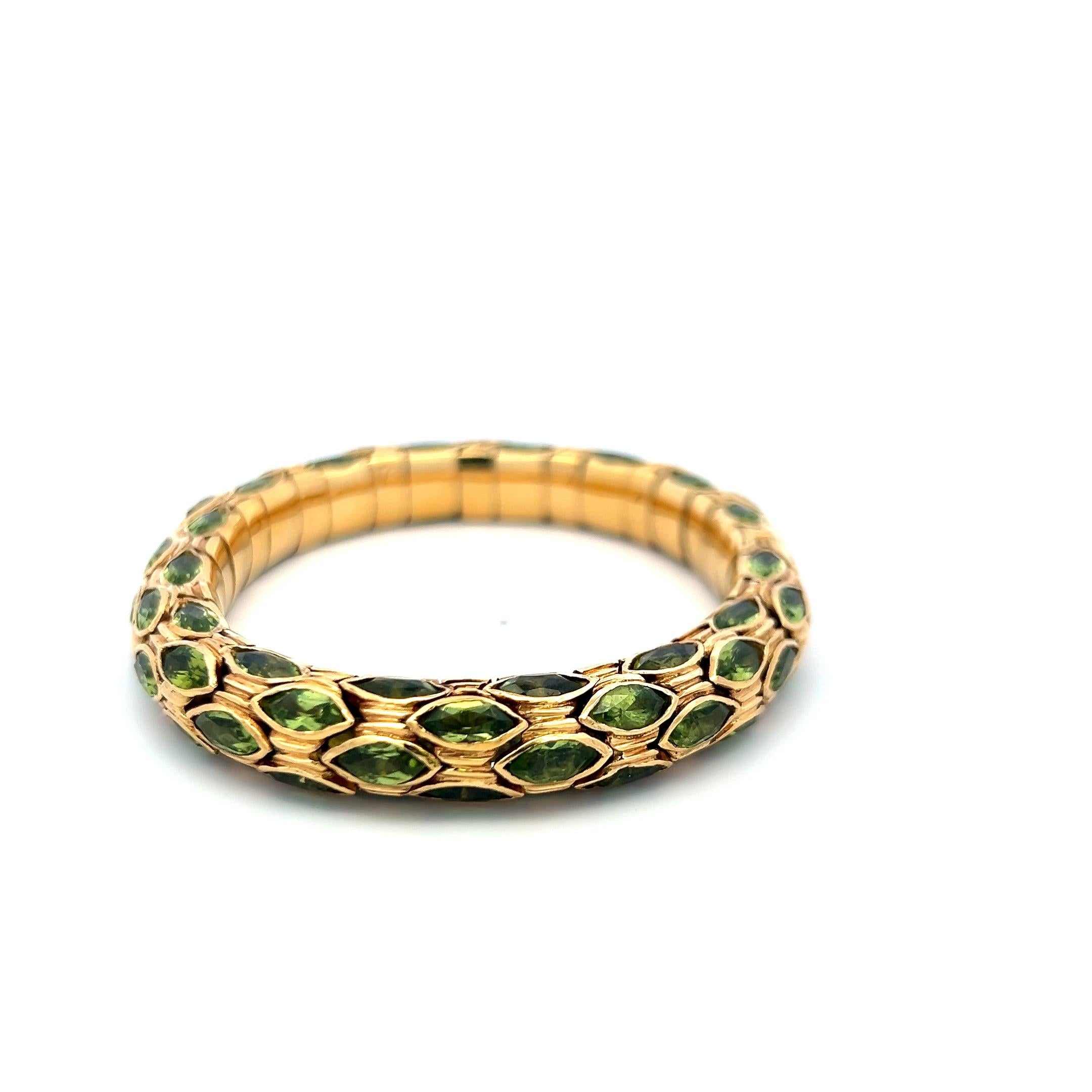 Vintage 18K YG Cuff Bracelet with 27.5 Carat Marquis Shape Peridot Gemstones