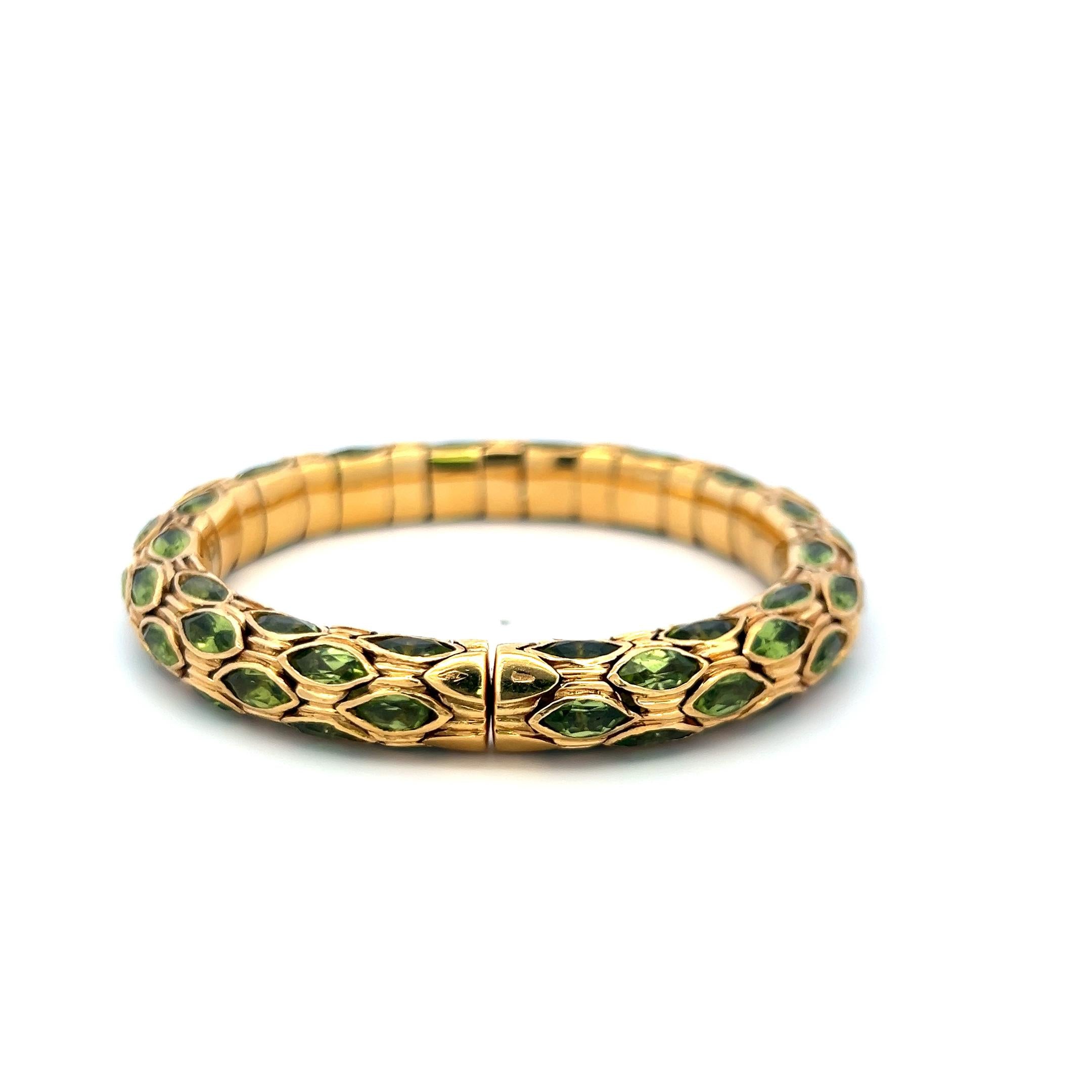 Vintage 18K YG Cuff Bracelet with 27.5 Carat Marquis Shape Peridot Gemstones