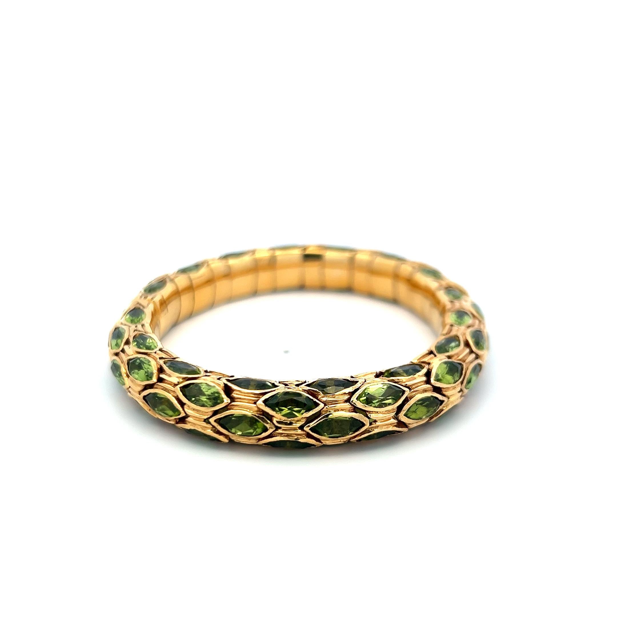 Vintage 18K YG Cuff Bracelet with 27.5 Carat Marquis Shape Peridot Gemstones