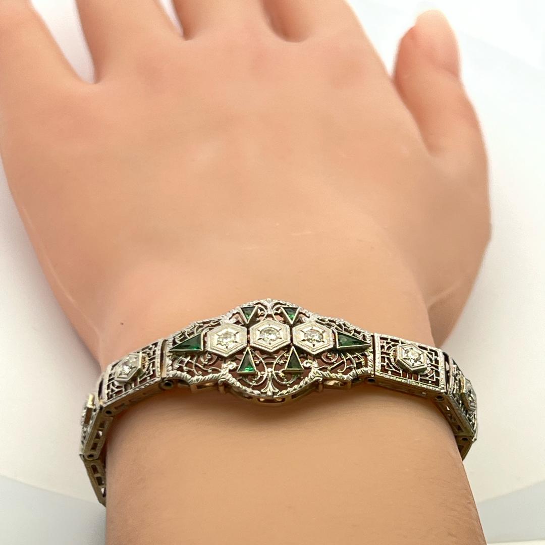 0.80ct Emerald & 0.35ct Old European Diamond Art Deco Bracelet in 14K Gold