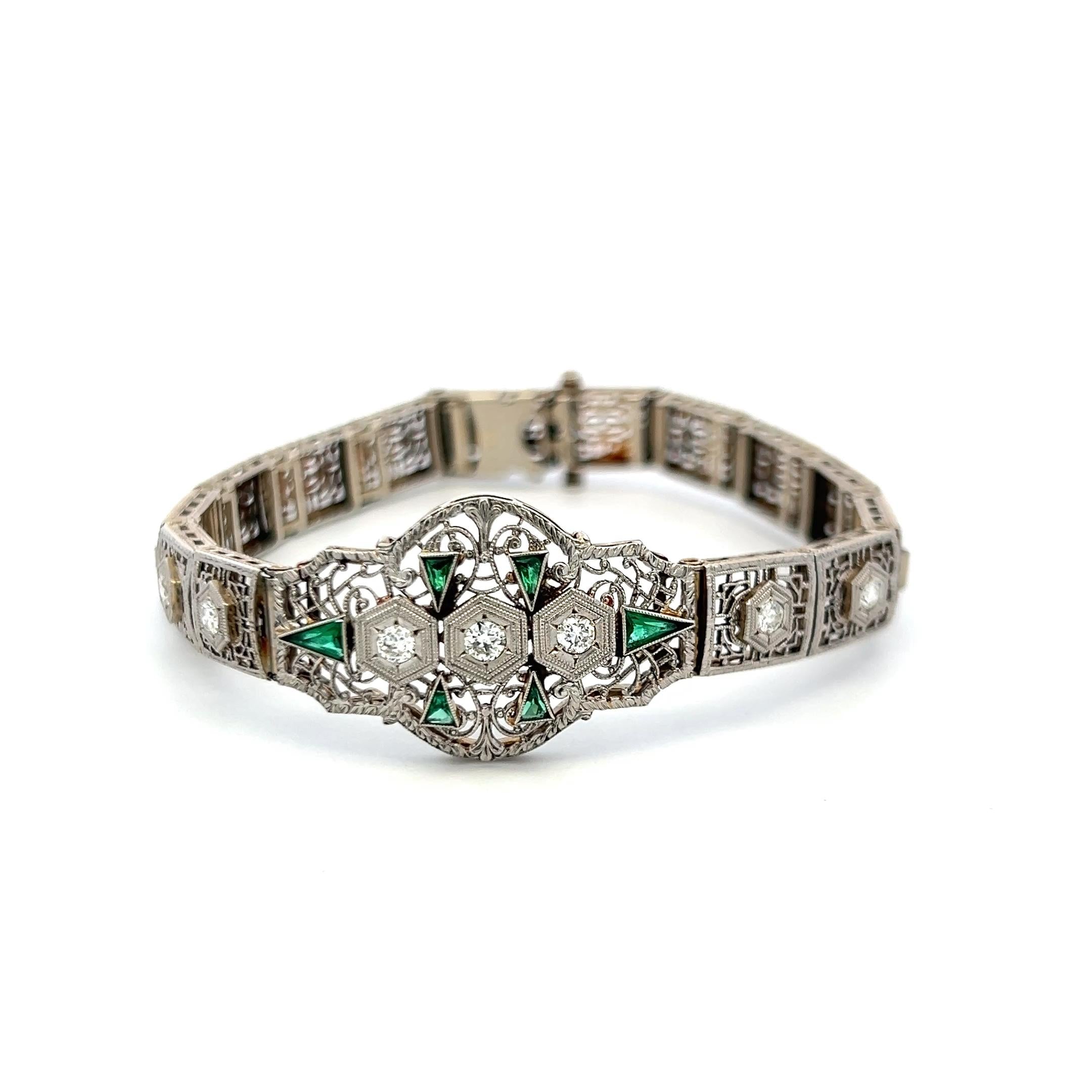 0.80ct Emerald & 0.35ct Old European Diamond Art Deco Bracelet in 14K Gold