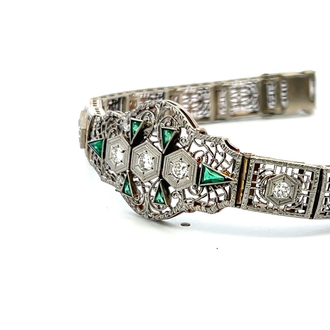 0.80ct Emerald & 0.35ct Old European Diamond Art Deco Bracelet in 14K Gold