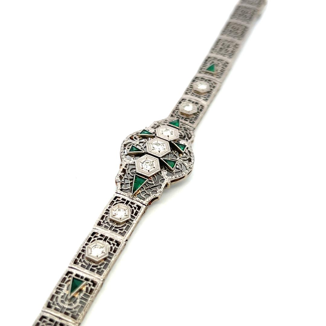 0.80ct Emerald & 0.35ct Old European Diamond Art Deco Bracelet in 14K Gold