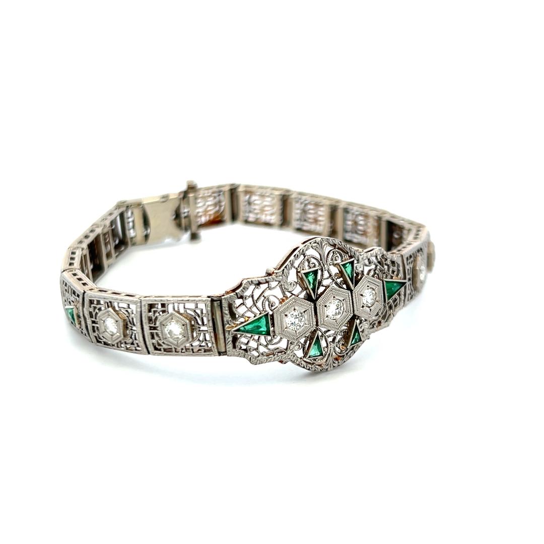 0.80ct Emerald & 0.35ct Old European Diamond Art Deco Bracelet in 14K Gold