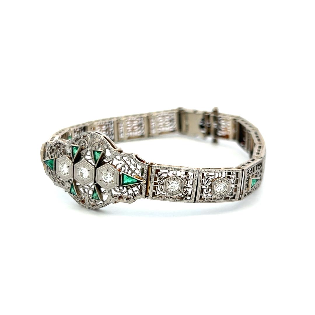 0.80ct Emerald & 0.35ct Old European Diamond Art Deco Bracelet in 14K Gold