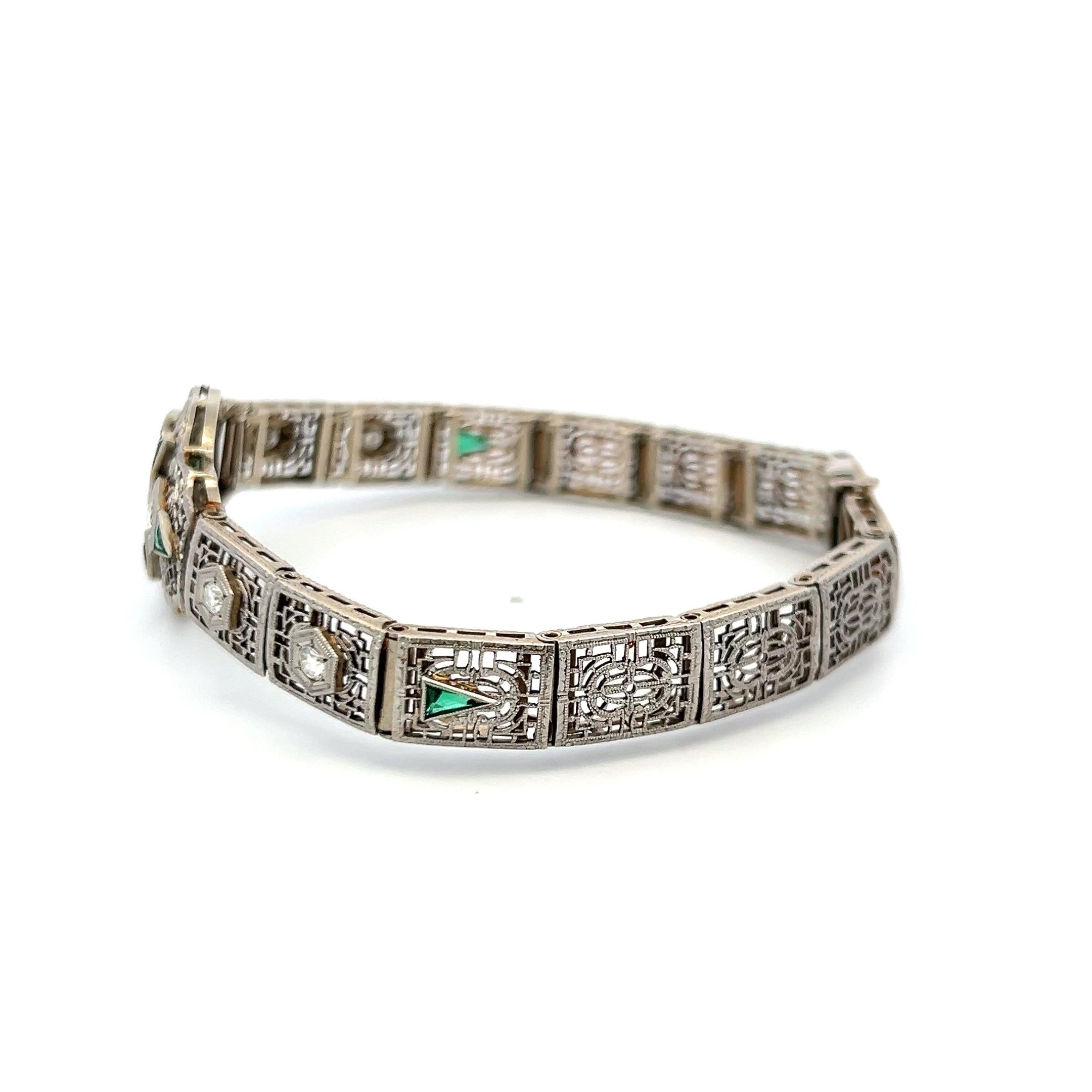 0.80ct Emerald & 0.35ct Old European Diamond Art Deco Bracelet in 14K Gold
