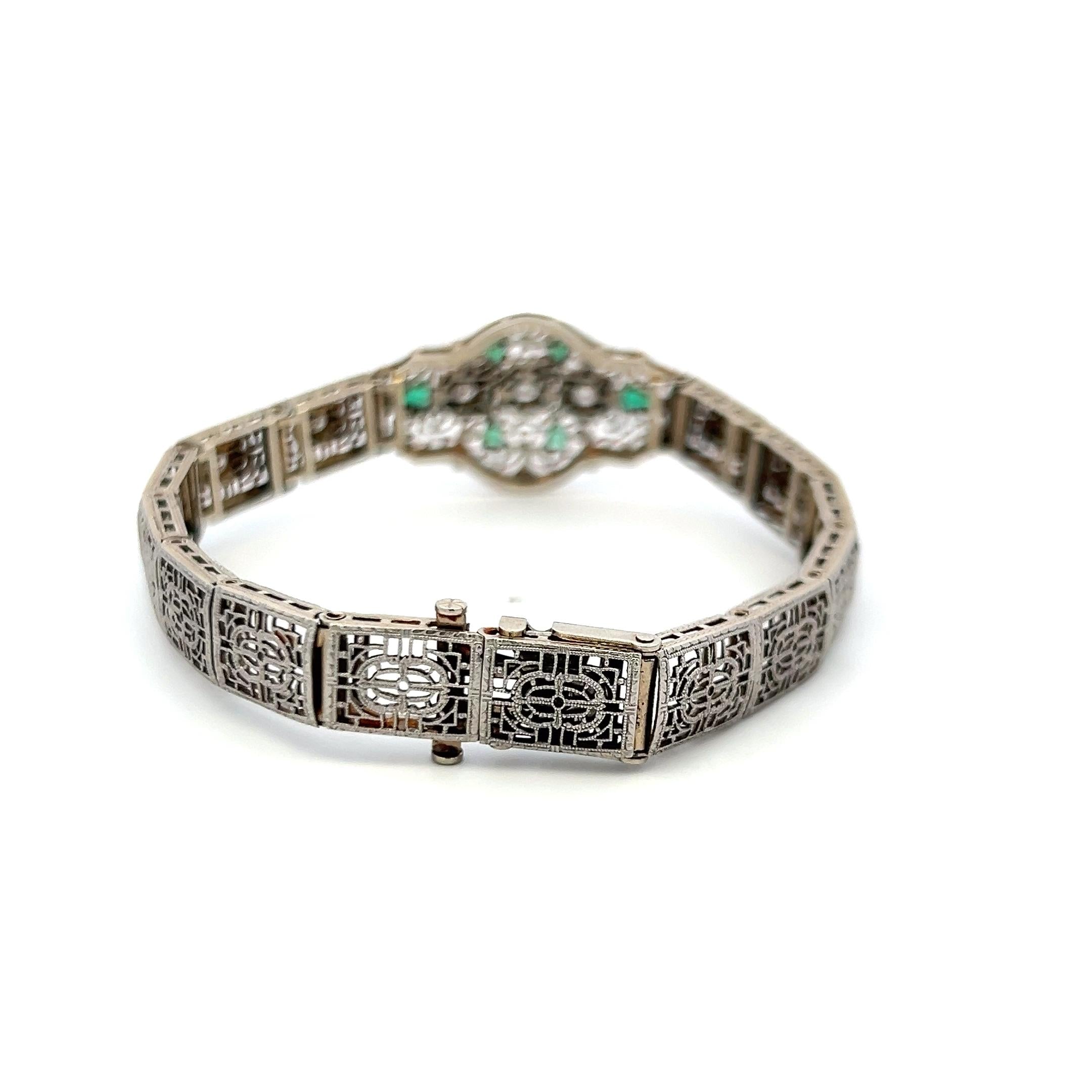 0.80ct Emerald & 0.35ct Old European Diamond Art Deco Bracelet in 14K Gold
