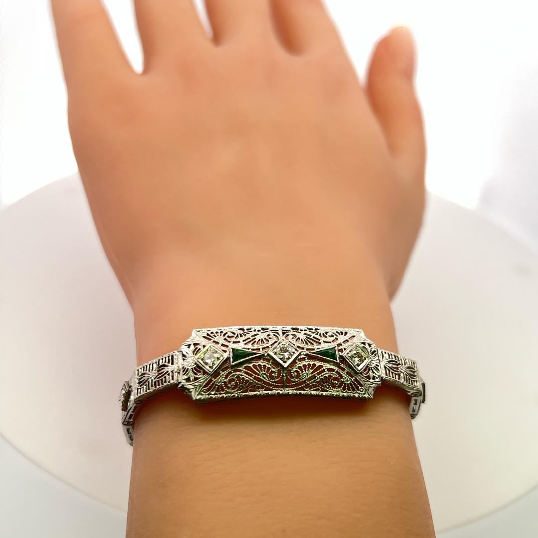 0.40ct Old European Diamond & 0.30ct Emerald Art Deco Bracelet in 14K Gold