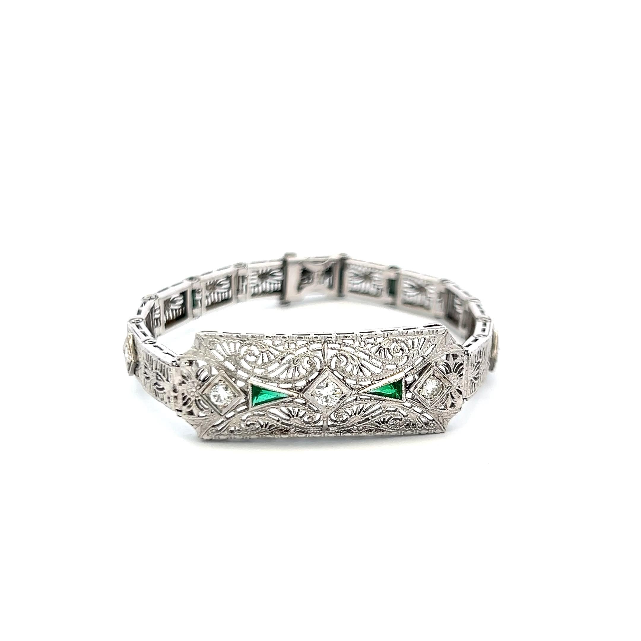 0.40ct Old European Diamond & 0.30ct Emerald Art Deco Bracelet in 14K Gold