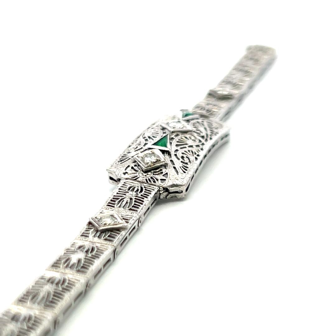 0.40ct Old European Diamond & 0.30ct Emerald Art Deco Bracelet in 14K Gold