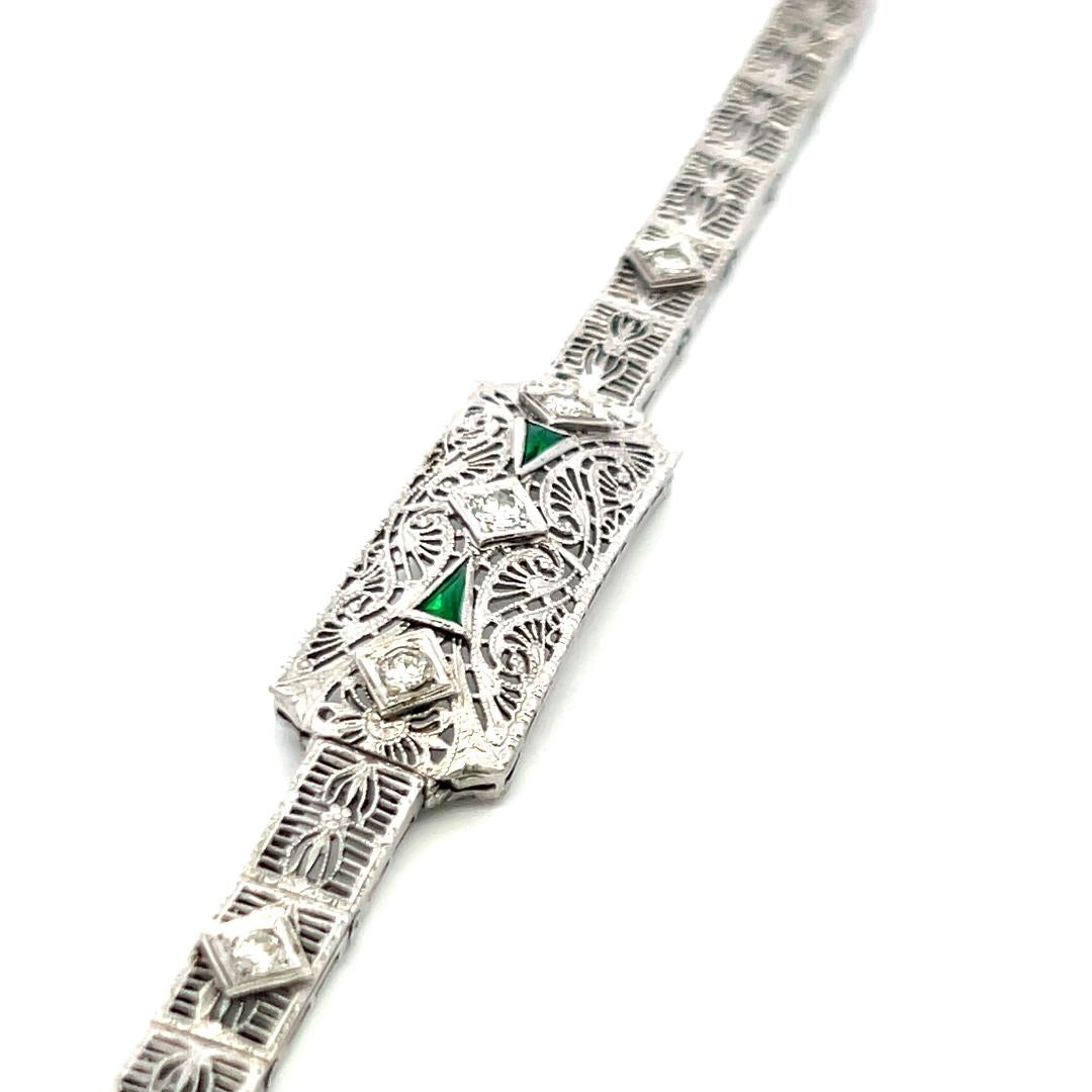 0.40ct Old European Diamond & 0.30ct Emerald Art Deco Bracelet in 14K Gold