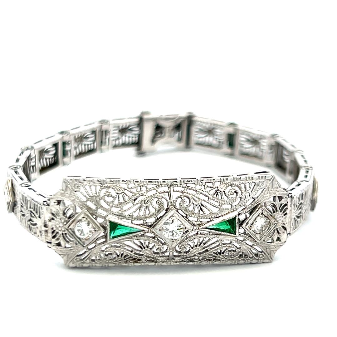0.40ct Old European Diamond & 0.30ct Emerald Art Deco Bracelet in 14K Gold