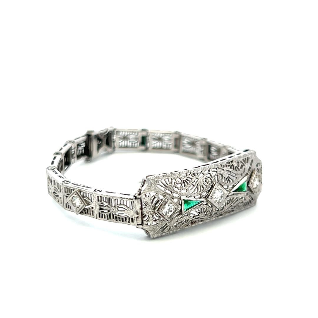 0.40ct Old European Diamond & 0.30ct Emerald Art Deco Bracelet in 14K Gold