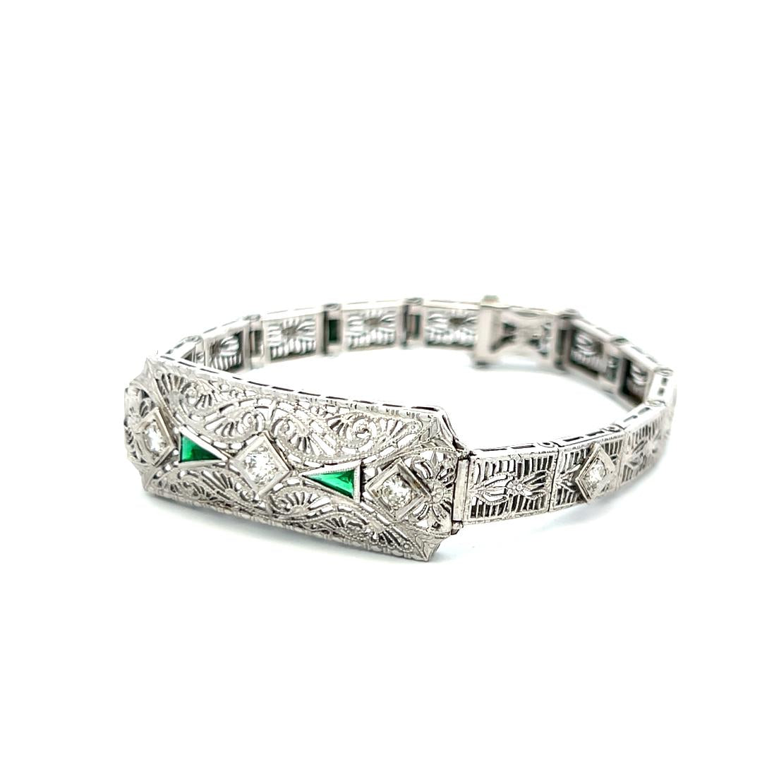0.40ct Old European Diamond & 0.30ct Emerald Art Deco Bracelet in 14K Gold