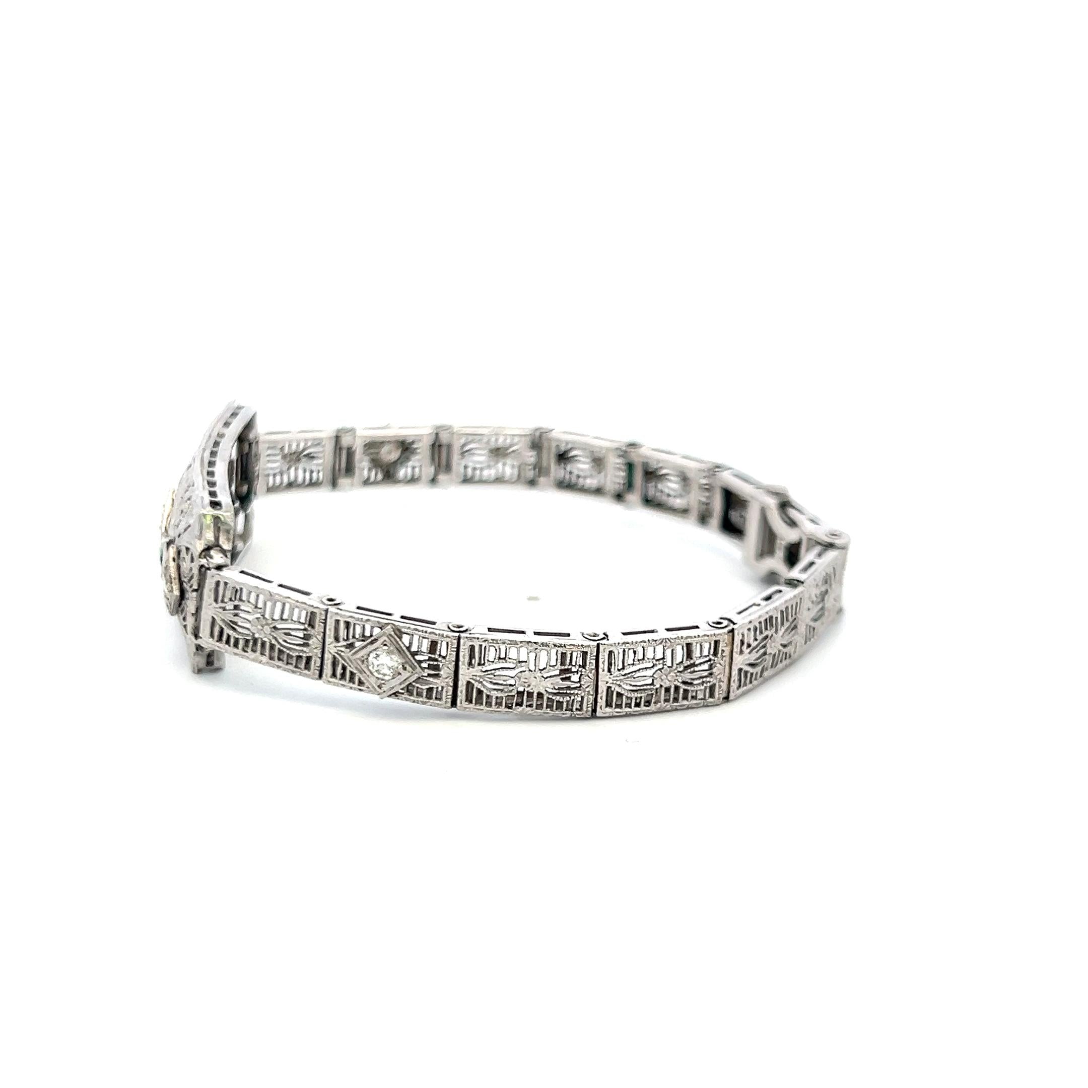 0.40ct Old European Diamond & 0.30ct Emerald Art Deco Bracelet in 14K Gold