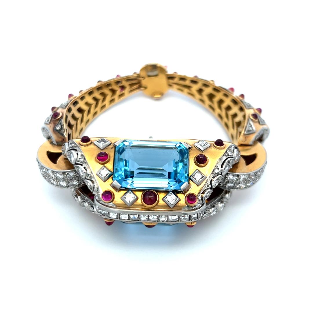 31.00ct Aquamarine & 7.10ct Diamond Retro Bracelet in 18K Two-Tone Gold