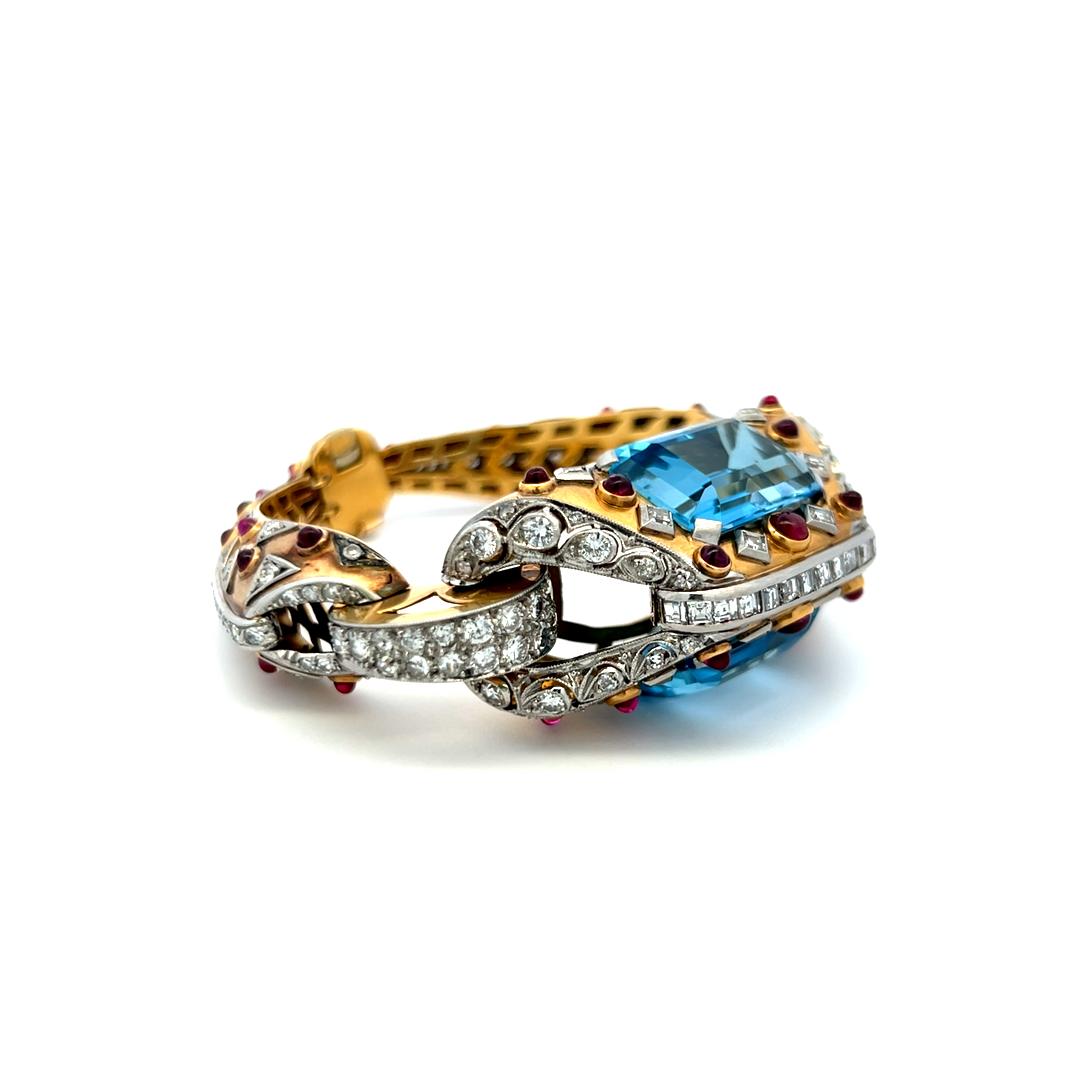 31.00ct Aquamarine & 7.10ct Diamond Retro Bracelet in 18K Two-Tone Gold