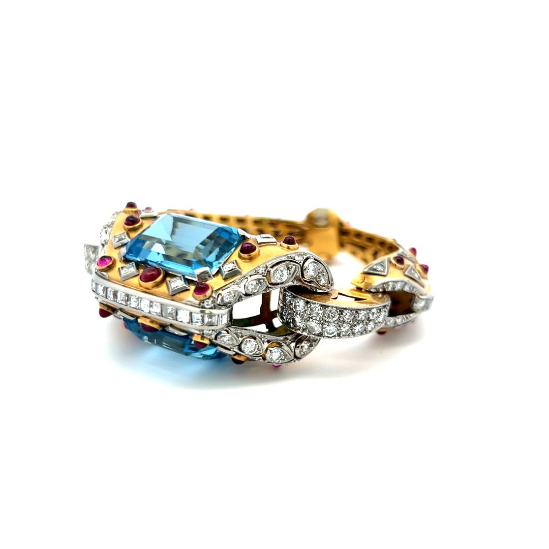 31.00ct Aquamarine & 7.10ct Diamond Retro Bracelet in 18K Two-Tone Gold
