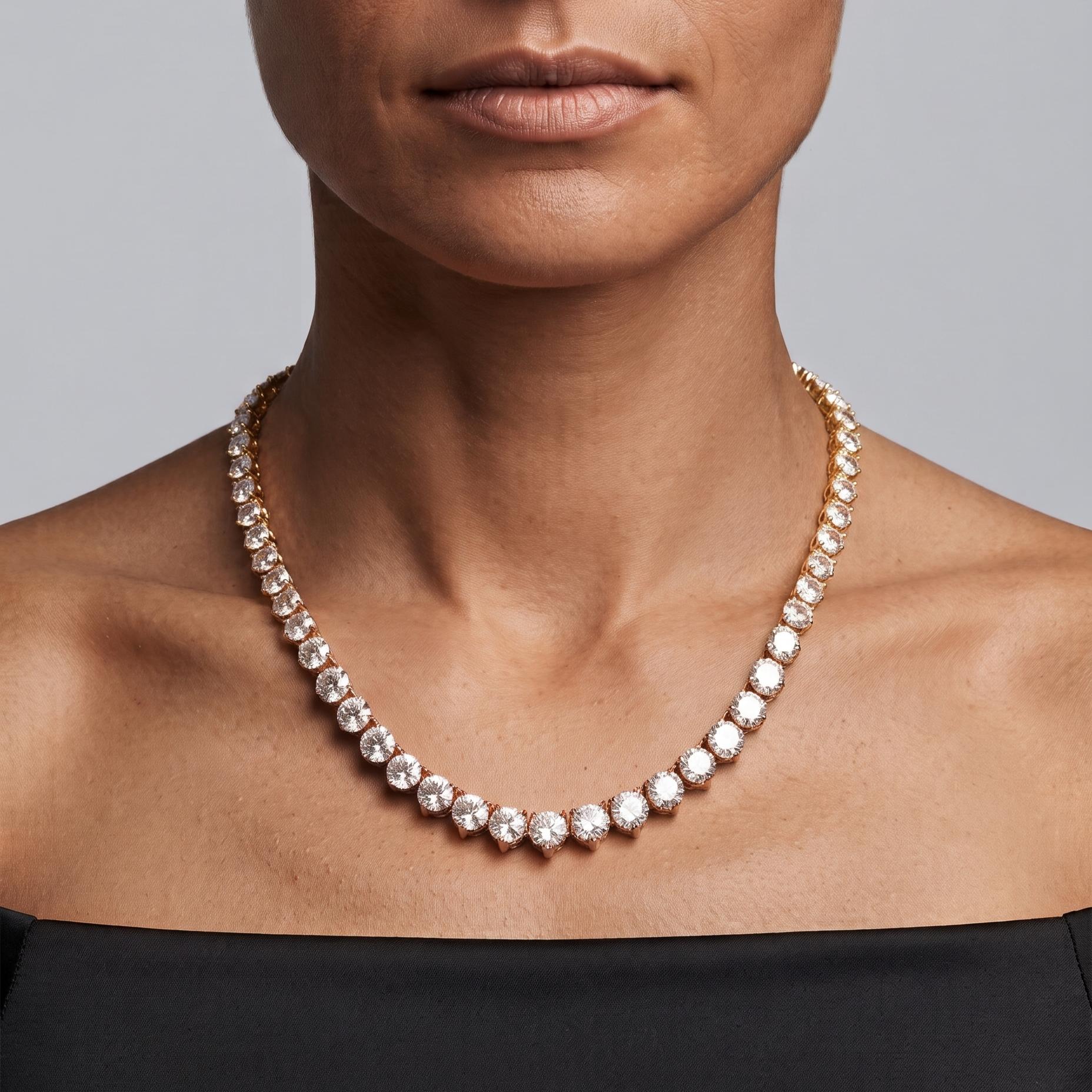 New 14K Yellow Gold Riviera Necklace with 12.82 Carat Round Diamonds 17 Inch