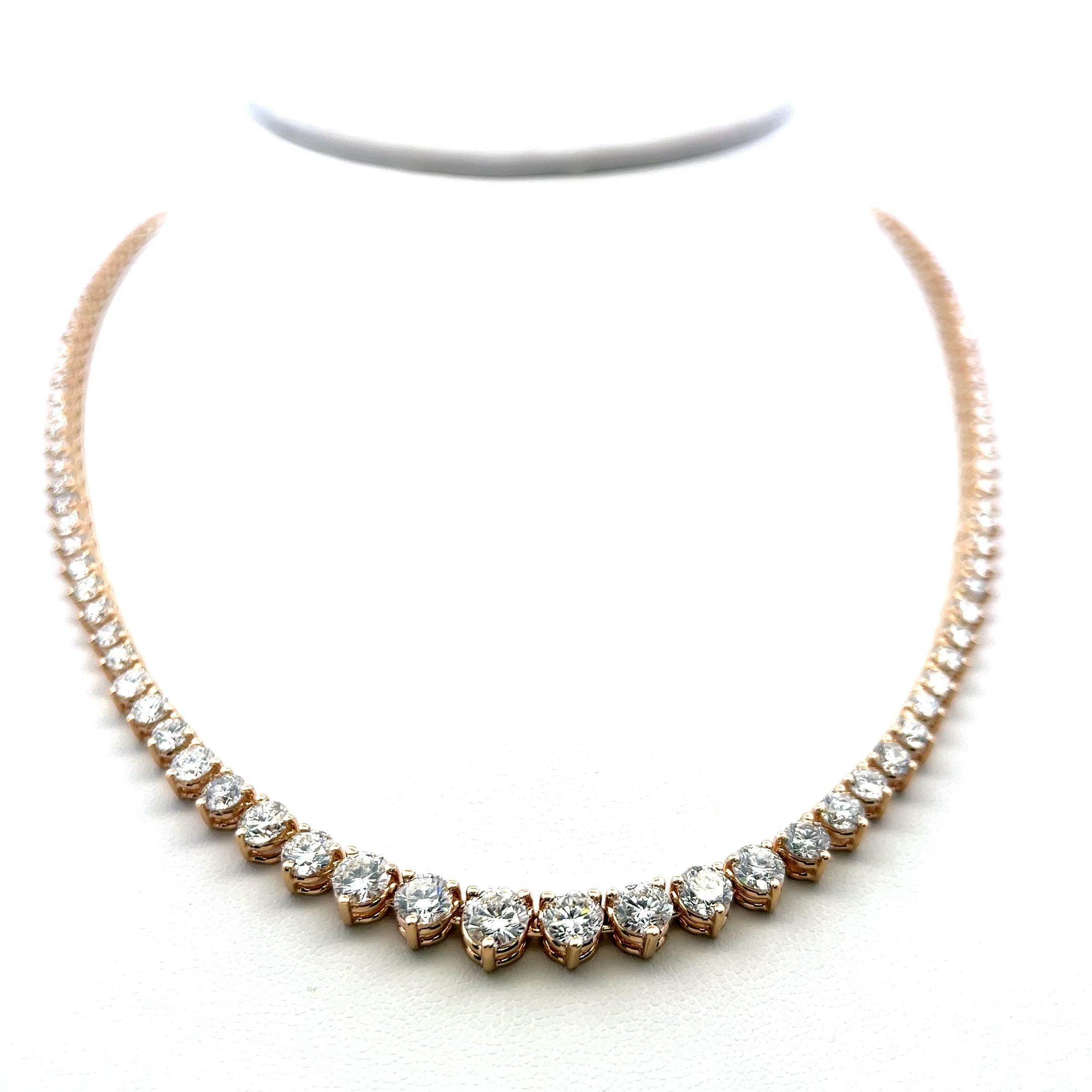 New 14K Yellow Gold Riviera Necklace with 12.82 Carat Round Diamonds 17 Inch