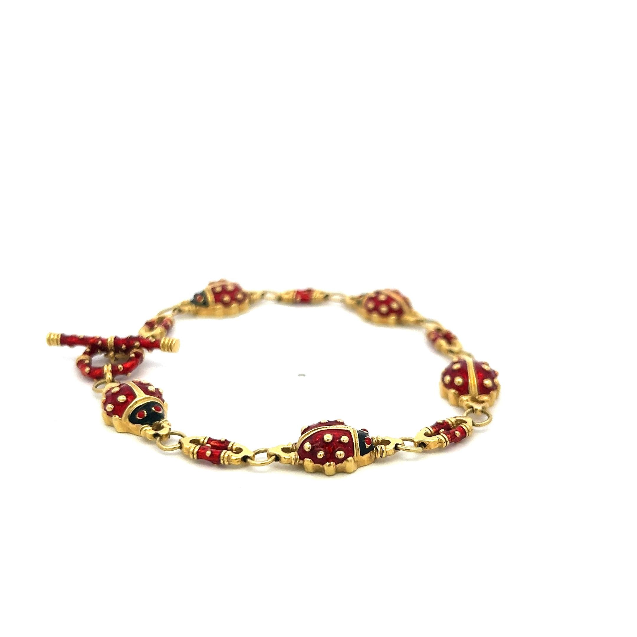 Hidalgo 18K Yellow Gold Ladybug Enamel Link Bracelet – 22.08 Grams