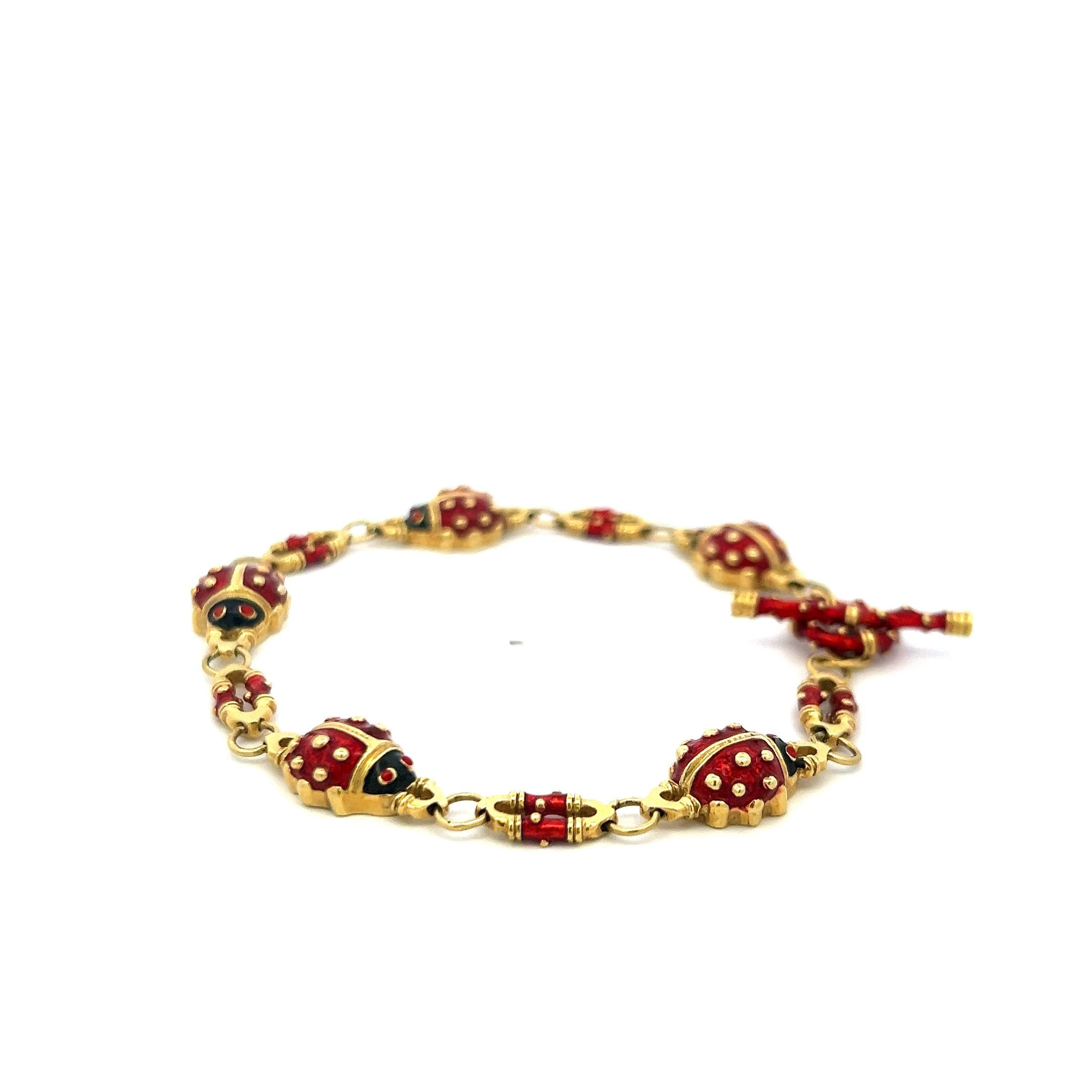 Hidalgo 18K Yellow Gold Ladybug Enamel Link Bracelet – 22.08 Grams