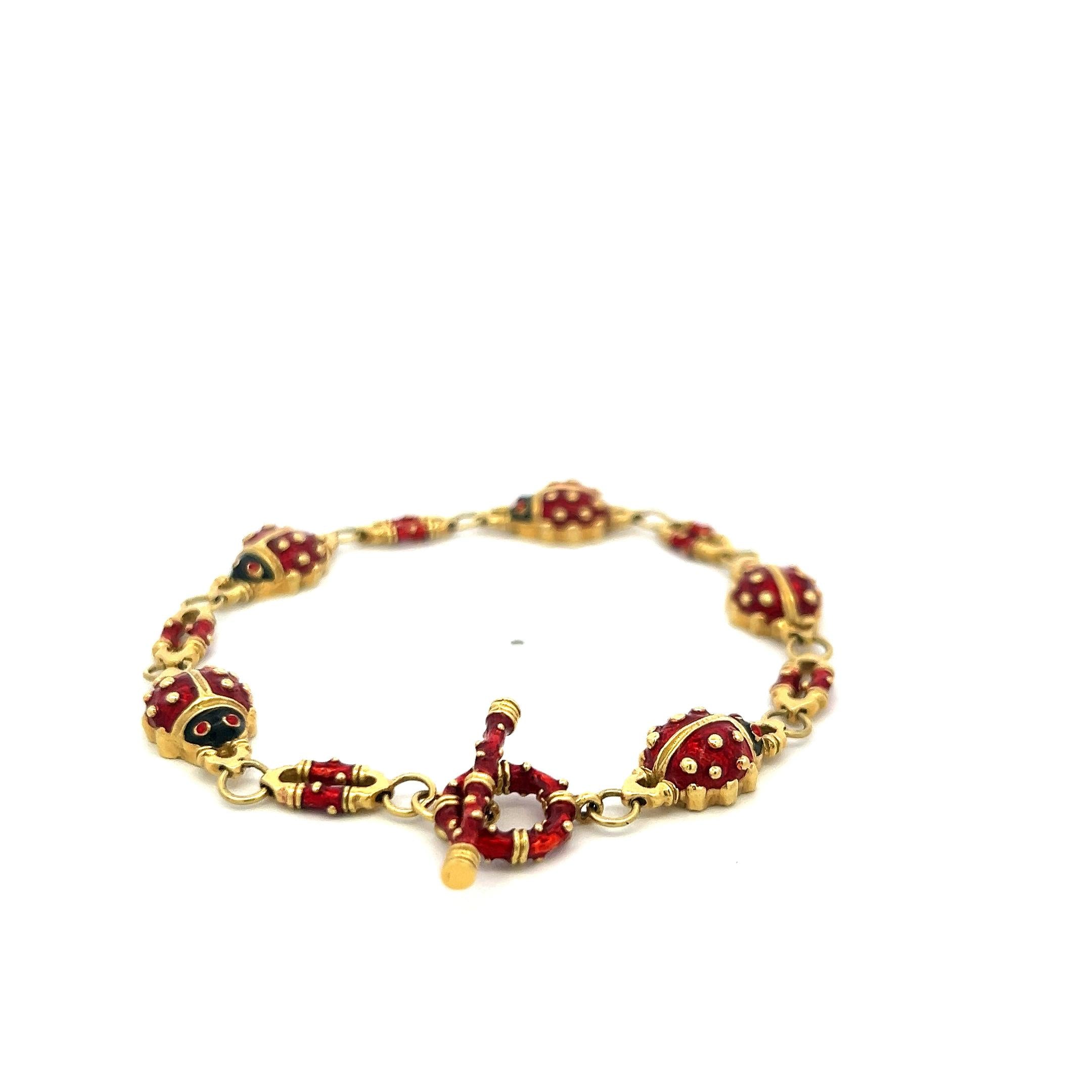 Hidalgo 18K Yellow Gold Ladybug Enamel Link Bracelet – 22.08 Grams