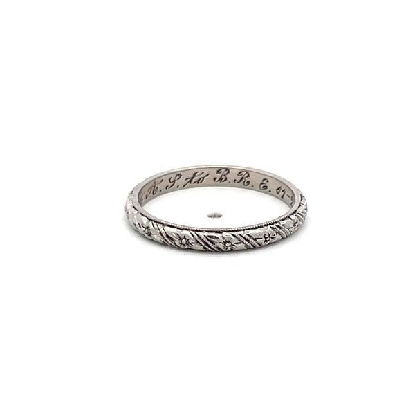Vintage Platinum Hand Engraved Band Ring Size 5 width 2.2 MM