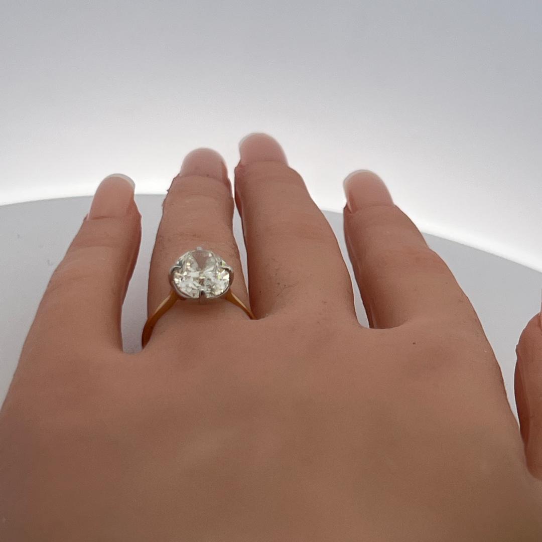 Two Tone Gold/Plat Engagement Ring with 4.68 Carat Old Miner Cut Diamond GIA