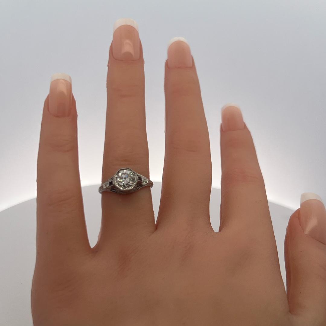 0.77ct Circular Brilliant Cut E SI2 Diamond Platinum Art Deco Engagement Ring